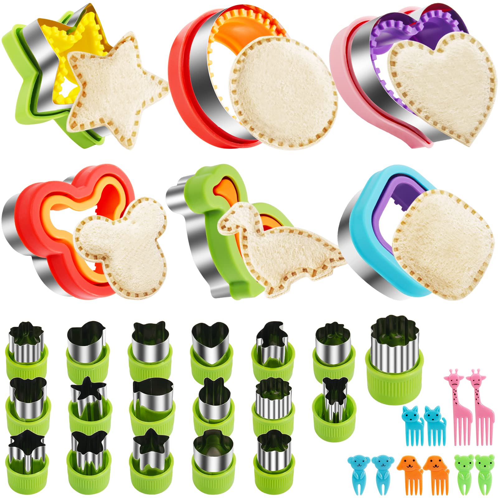 Taounoa Sandwich Cutter Set 34Pcs, 6Pcs Sandwich Cutter And Sealer And 18Pcs Fruit Cutters Shapes For Kids With 10Pcs Cute Anima