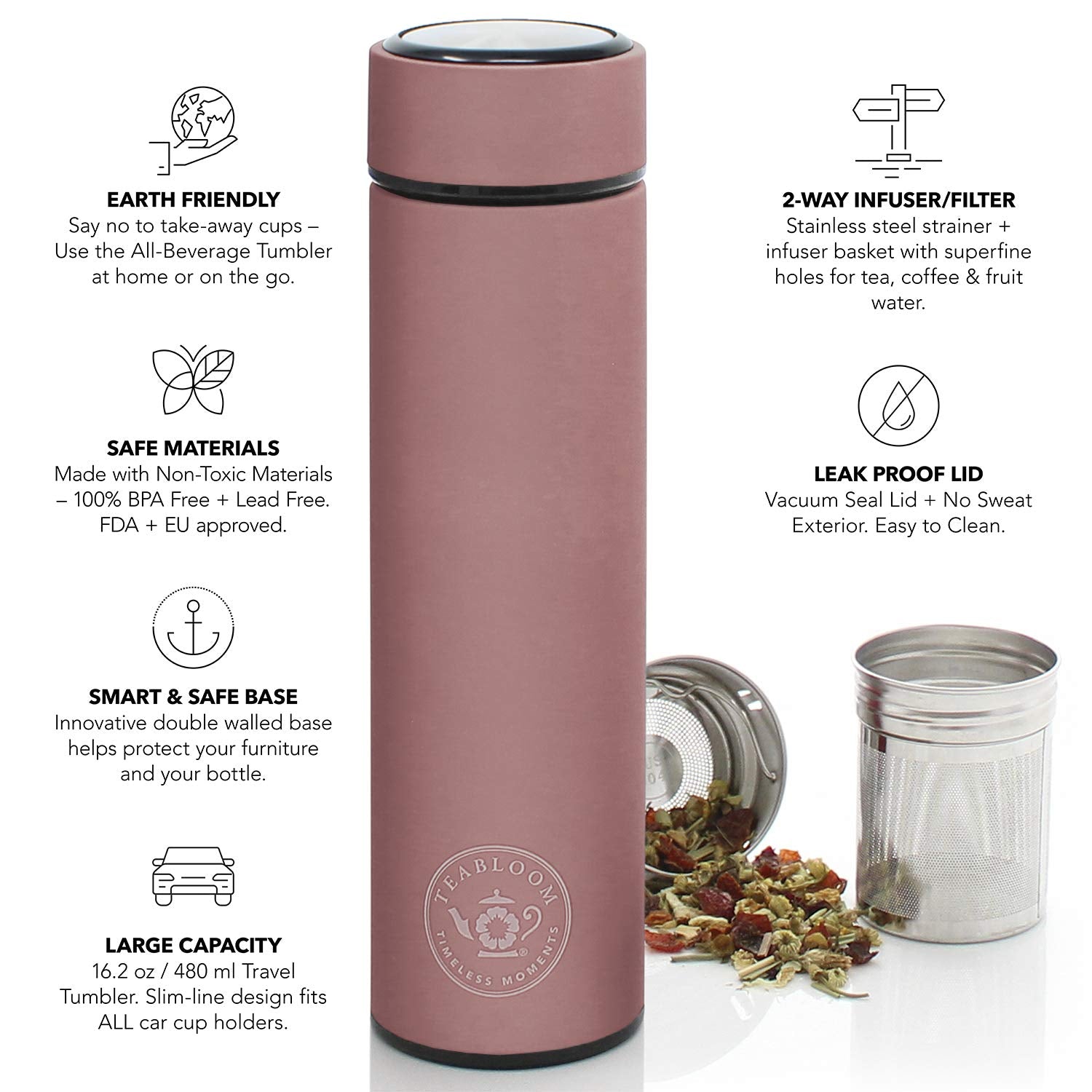 Teabloom - The Original All-Brew Travel Tumbler & Thermos | Oprahs Favorite | 16Oz/480Ml Stainless Steel Insulated Water Bottle/