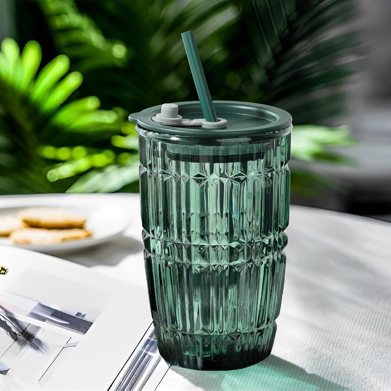 Kikiluxxa Coffee Can Glass Sipper Tumbler With Lid Straw  400MlPack Of 1 Green Tea Fruit Juice Milk Glass Cup Mug With Lid An