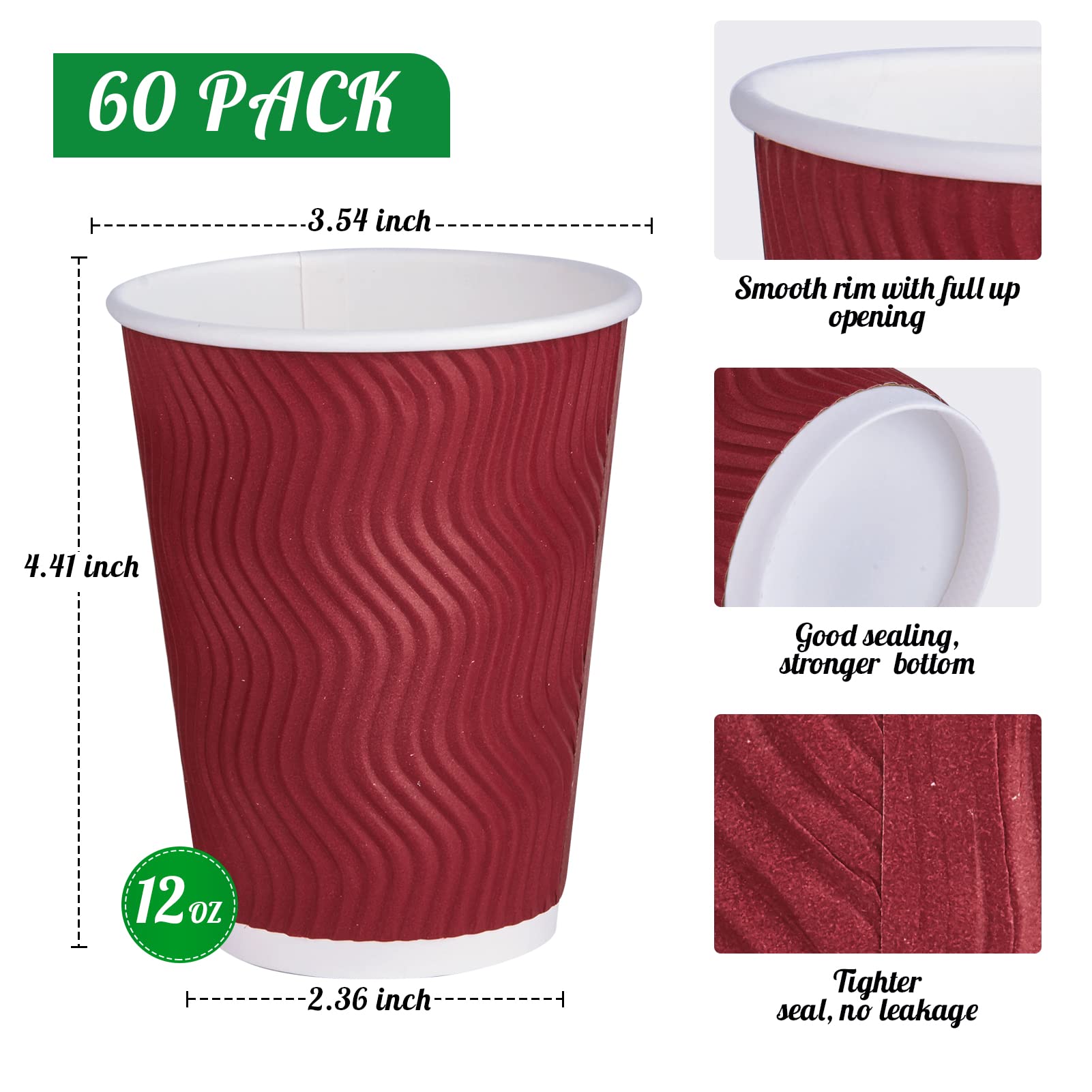 Jollypack 60 Pack Paper Cups, Disposable Coffee Cups 12 Oz, Red Hot Beverage Cups With Insulated Ripple Wall, Paper Ripple Cups