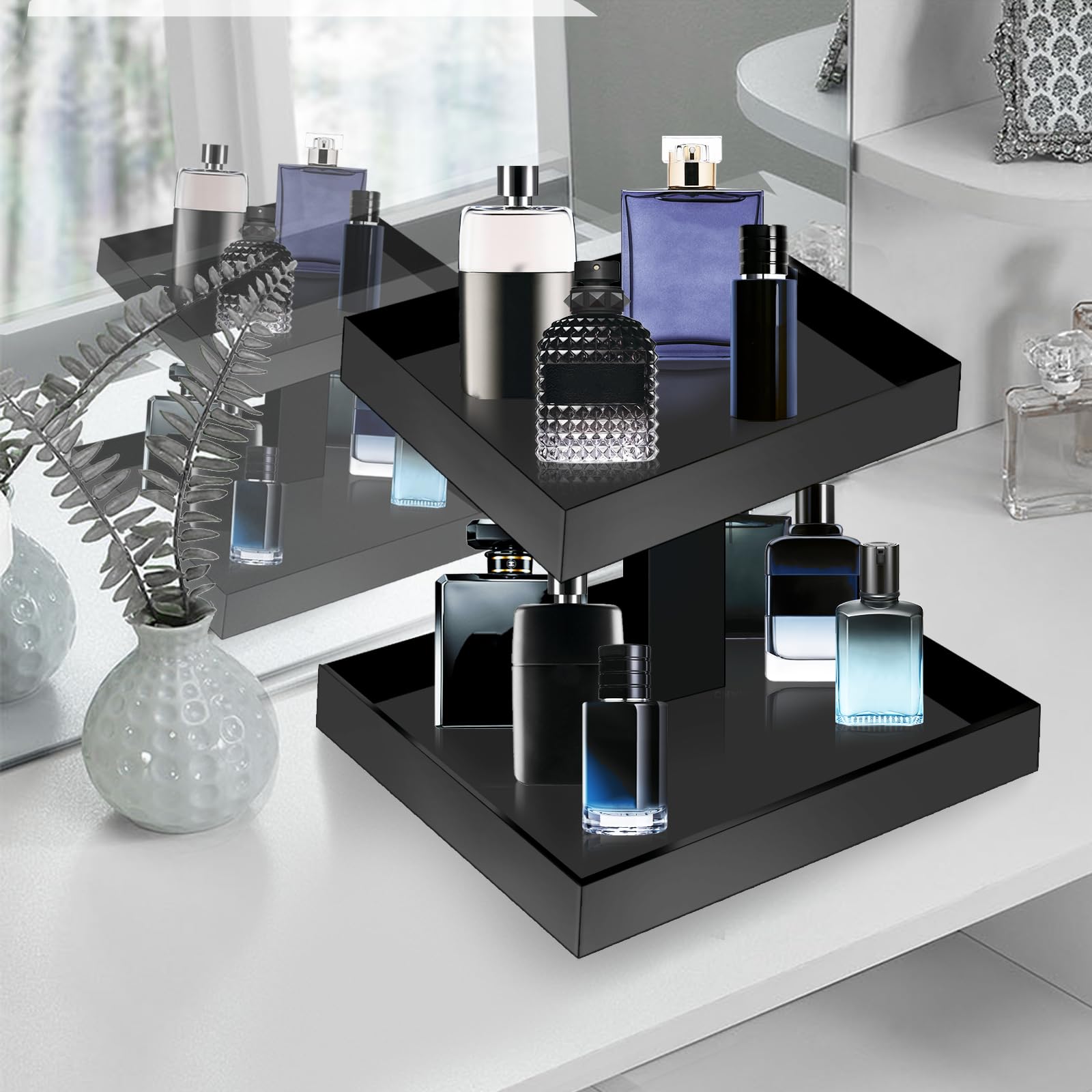 Yageli Black Perfume Display Organizer Tray - Acrylic 2-Tier Bathroom Countertop Organizer Vanity Trays Makeup Storage Shelf Hol