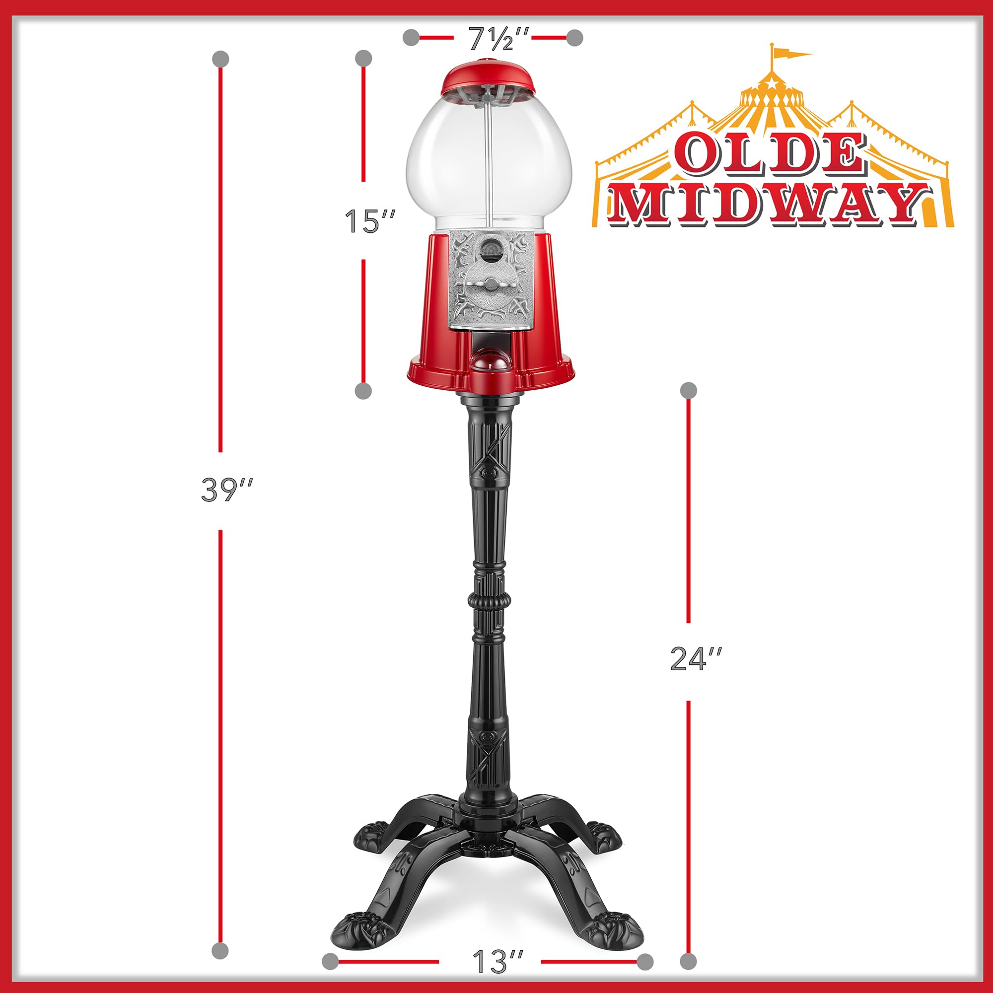 OLDE MIDWAY 15" Gumball Machine - Red Vintage-Style Metal Dispenser with Glass Globe