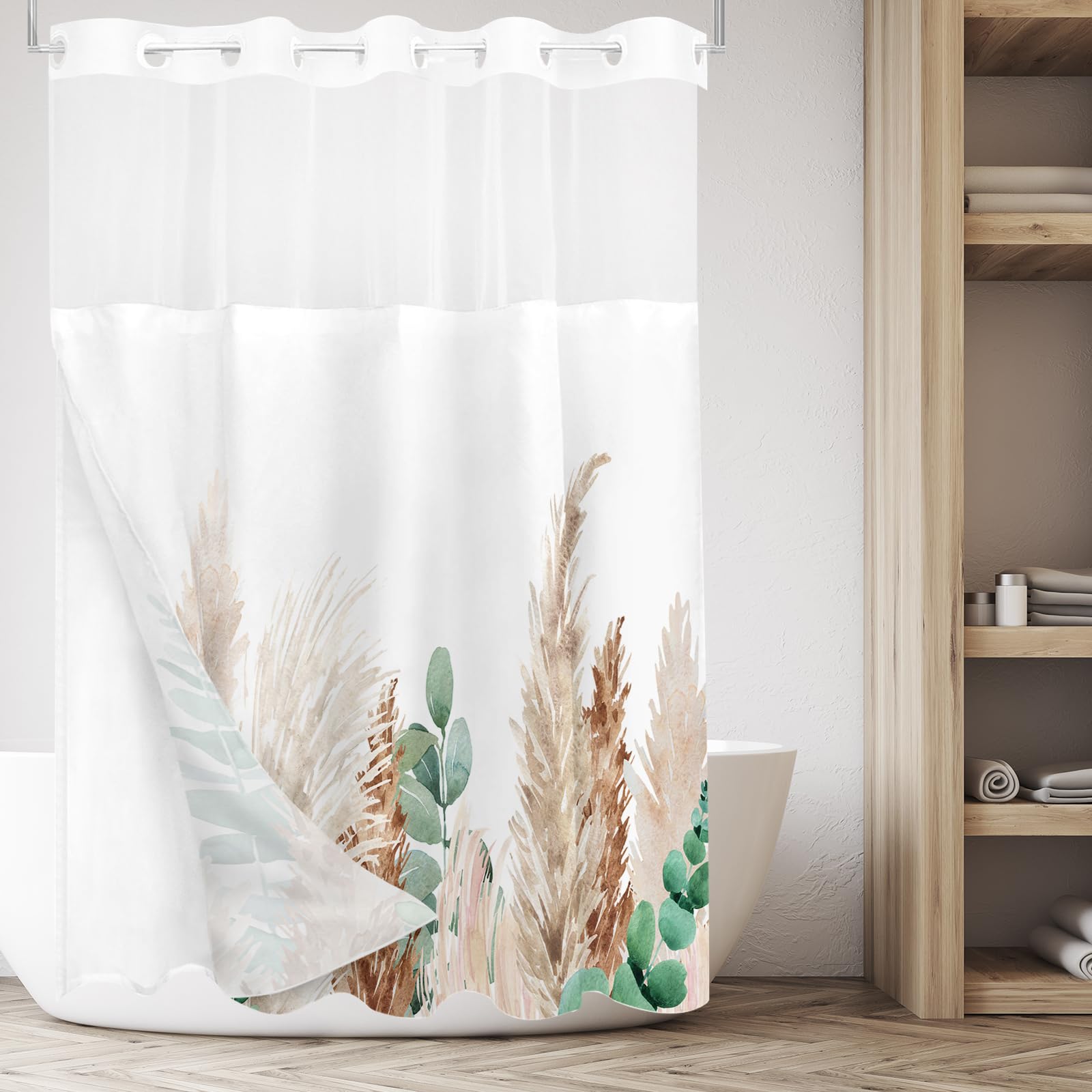 Tititex No Hooks Snap In Liner Dried Brown Pampas Grass Boho Leaves Shower Curtain Sets, Hotel Luxury Double Layers Waterproof F