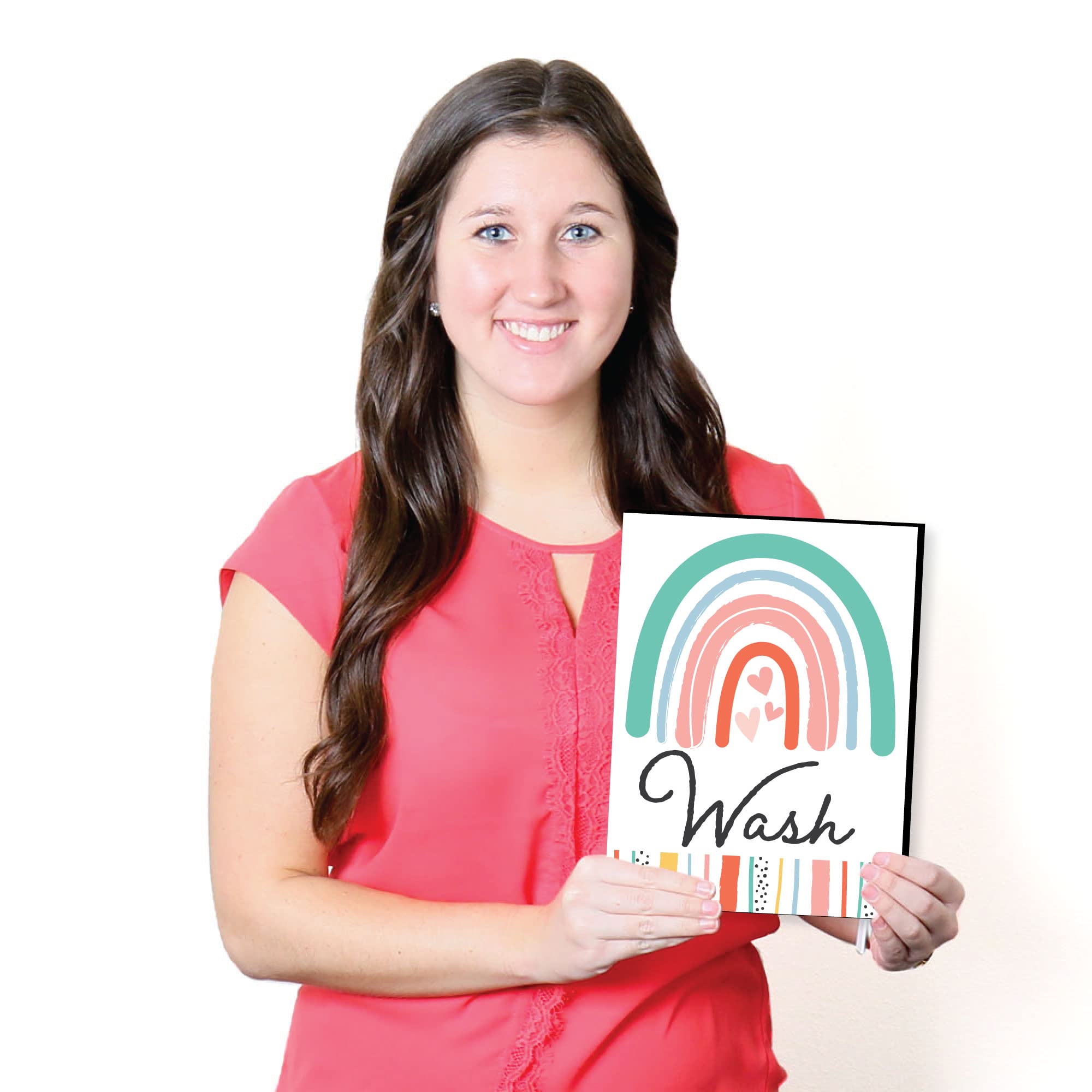 Big Dot Of Happiness Hello Rainbow - Boho Kids Bathroom Rules Wall Art - 7.5 X 10 Inches - Set Of 3 Signs - Wash, Brush, Flush