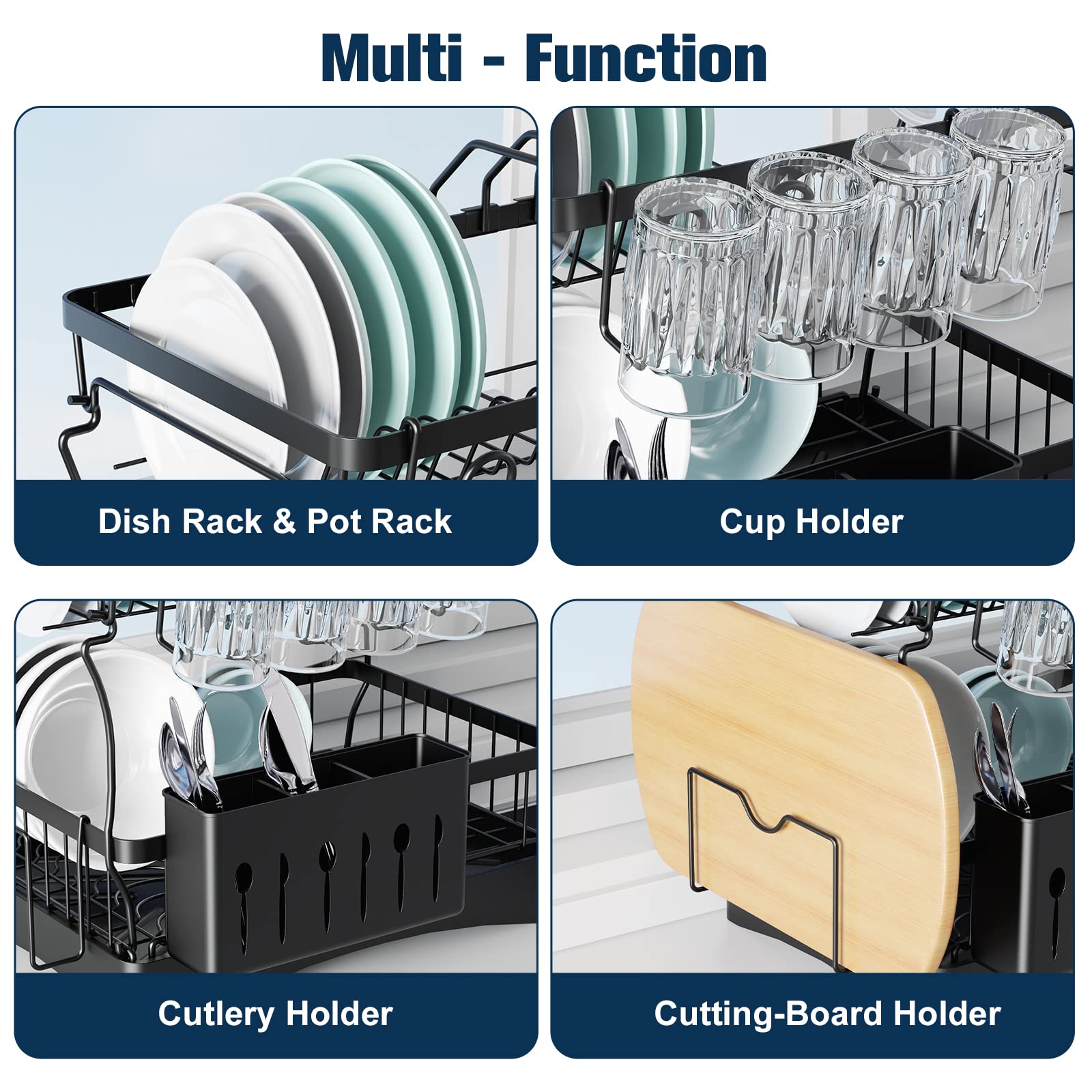 Aonee Dish Drying Rack, 2 Tier Dish Rack With Water Locking Function Drainboard, Pot Rack, Cutlery Holder, Cutting-Board Holder
