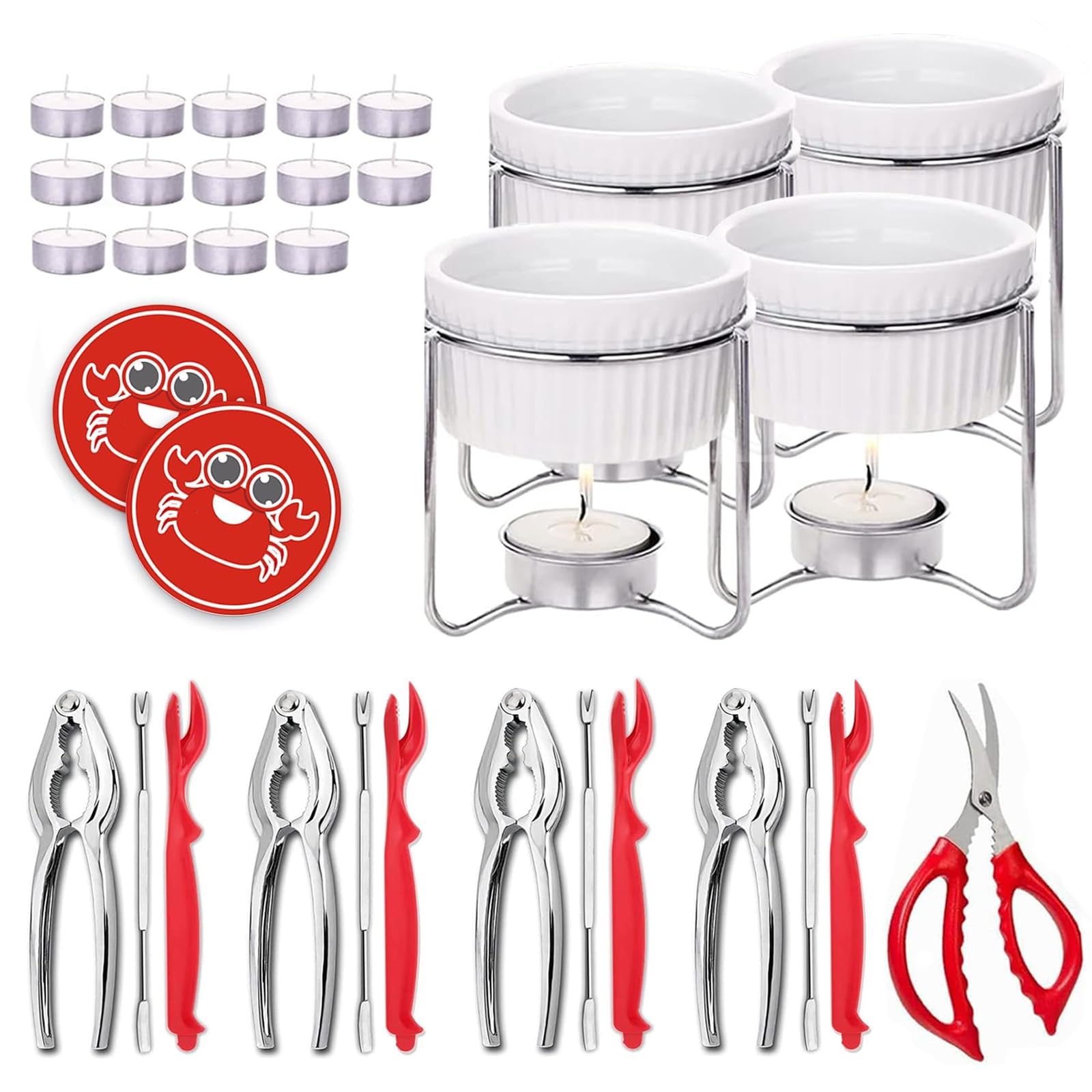 Luvan 33 Pcs Crab Crackers And Tools Set With 4 Crab Leg Crackers, 4 Crab Forks, 4 Lobster Shellers, 4 Butter Warmers, 1 Seafood