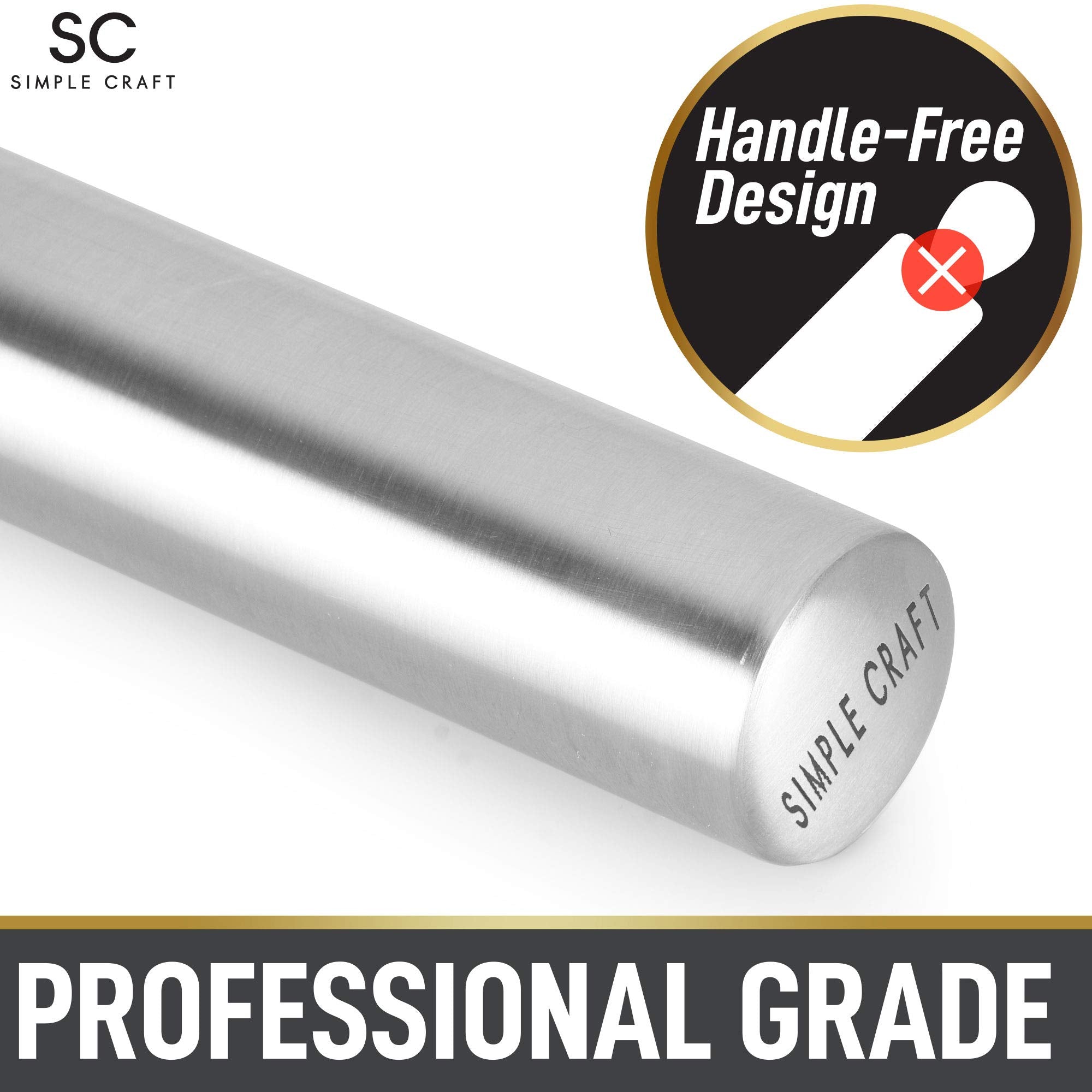 Simple Craft Premium 16    Rolling Pin - Smooth Tapered Professional French Rolling Pin - Stainless Steel Rolling Pin For Making
