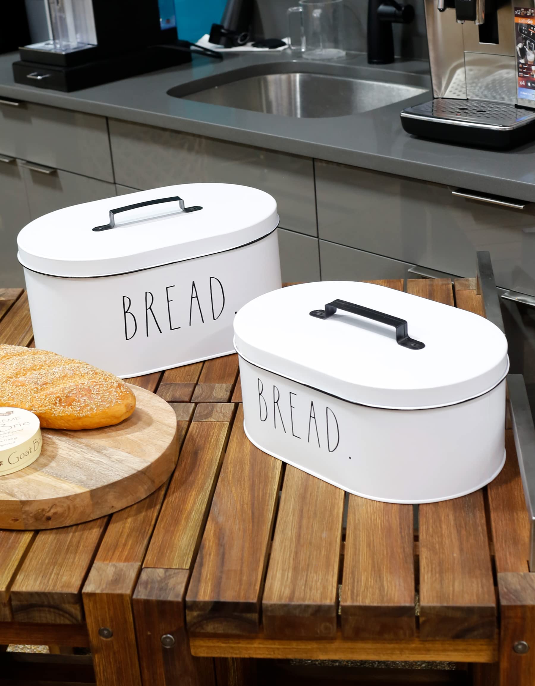 Rae Dunn Bread Box - Bread Box For Kitchen Countertop - 15'' X 8'' X 10'' - 13.5'' X 5.5'' X 8.5'' - Rustic White Metal Vintage