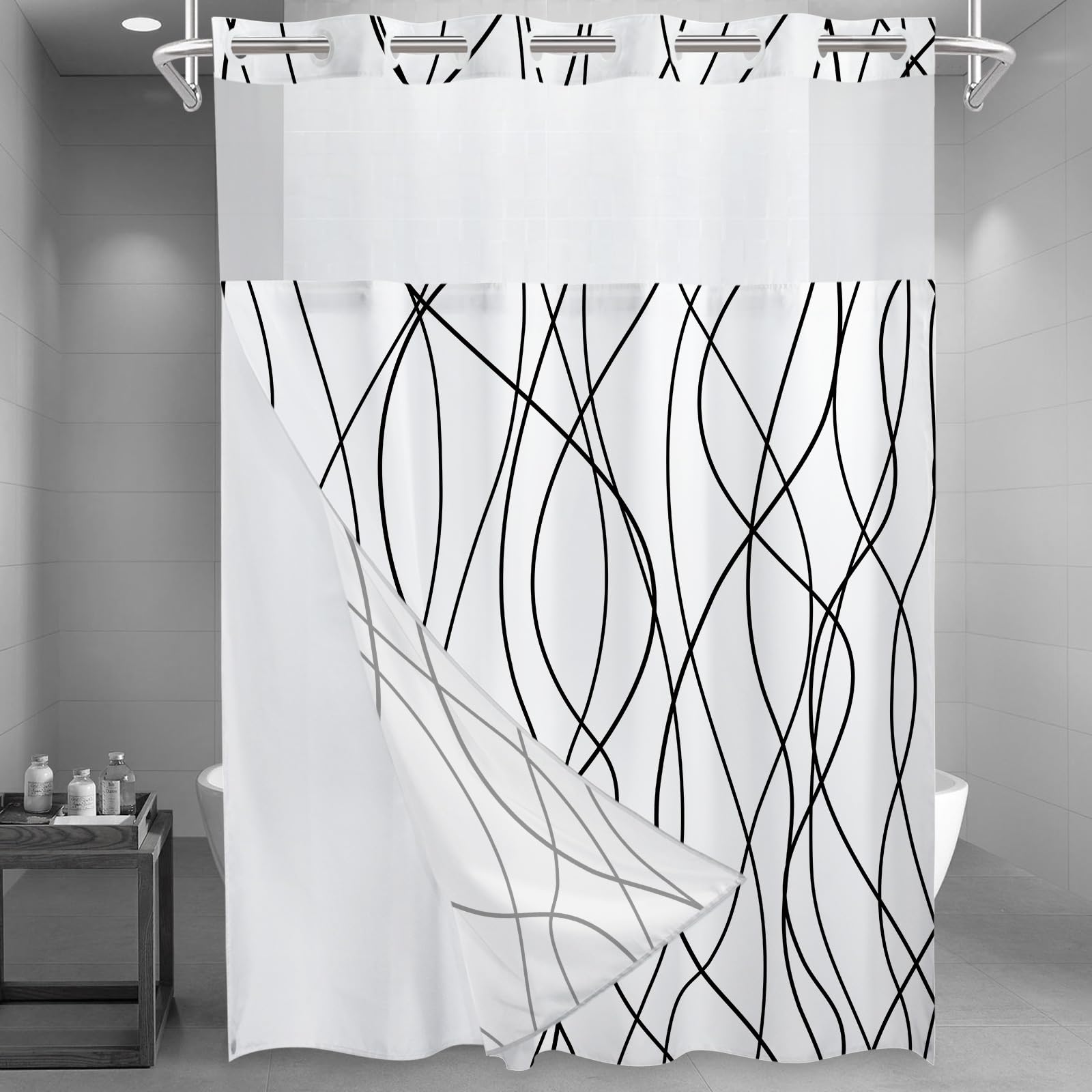 Lxbni No Hook Black And White Striped Long Shower Curtain With Snap In Fabric Liner Set - Hotel Shower Curtain And Liner Set Wit