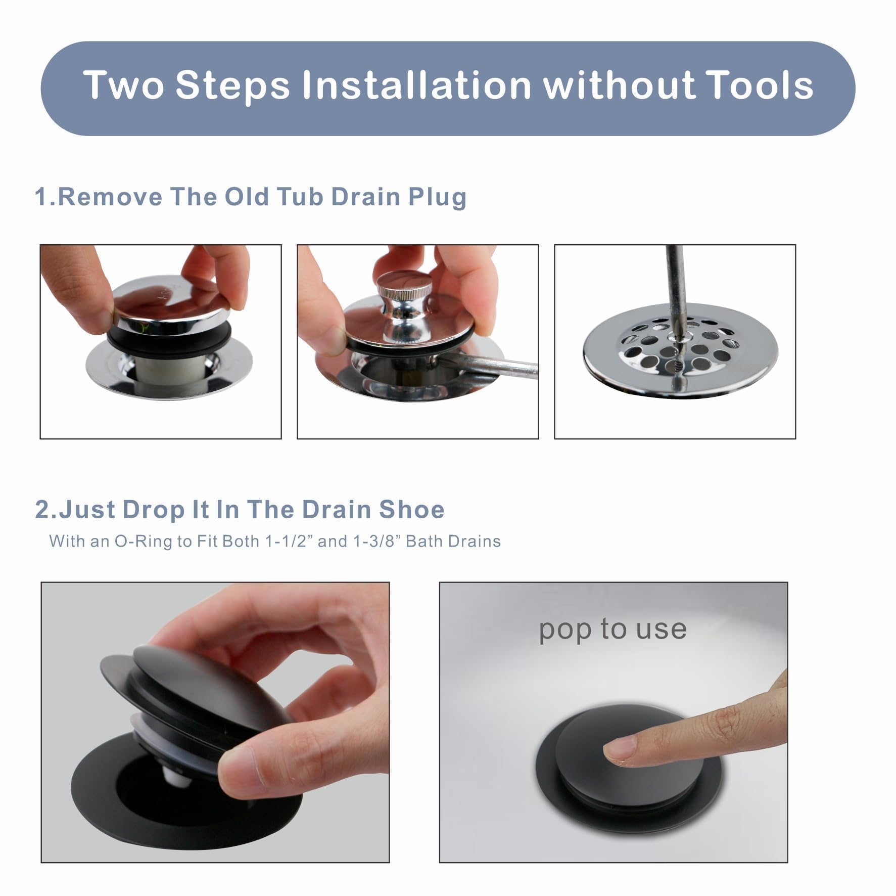 Matte Black Tub Drain Stopper, Hidrop Pop Up Universal Tub Dain Tip Toe Bathtub Drain Stopper,Conversion Kit Assembly, Replaces