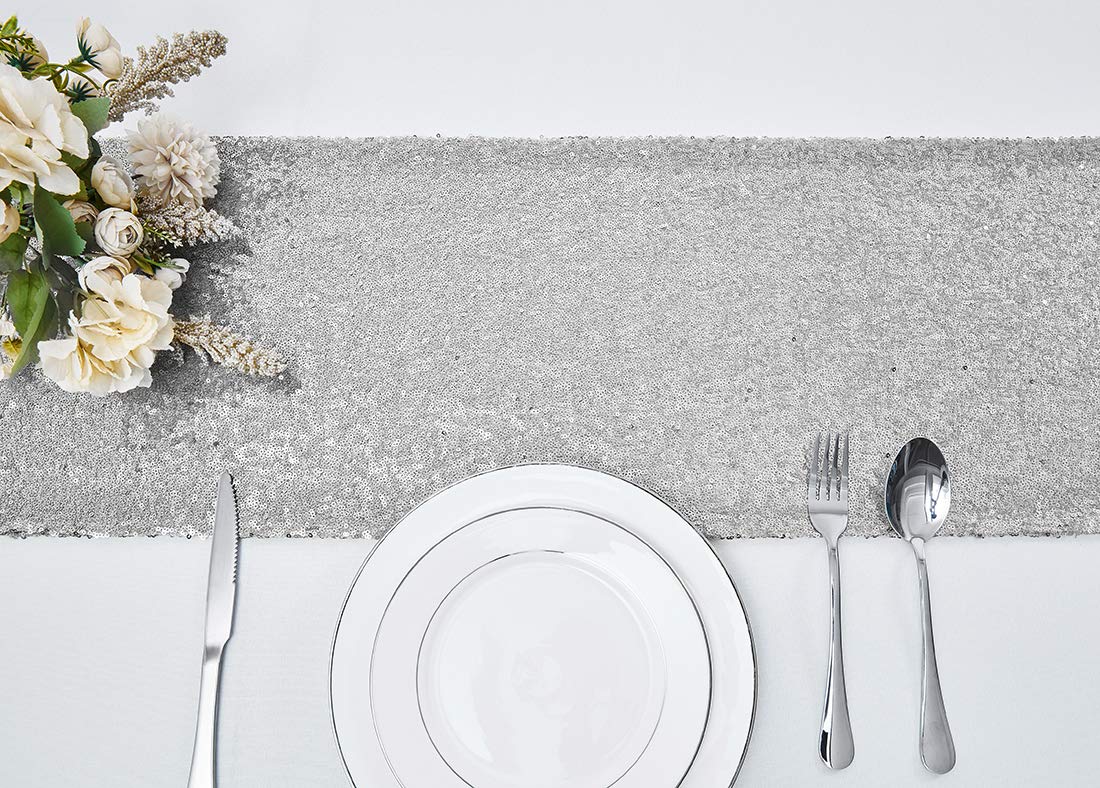 10 Packs 12 X 72 Inches Silver Sequin Table Runner, Glitter Runner For Birthday Party Supplies Decorations Wedding Bachelorette