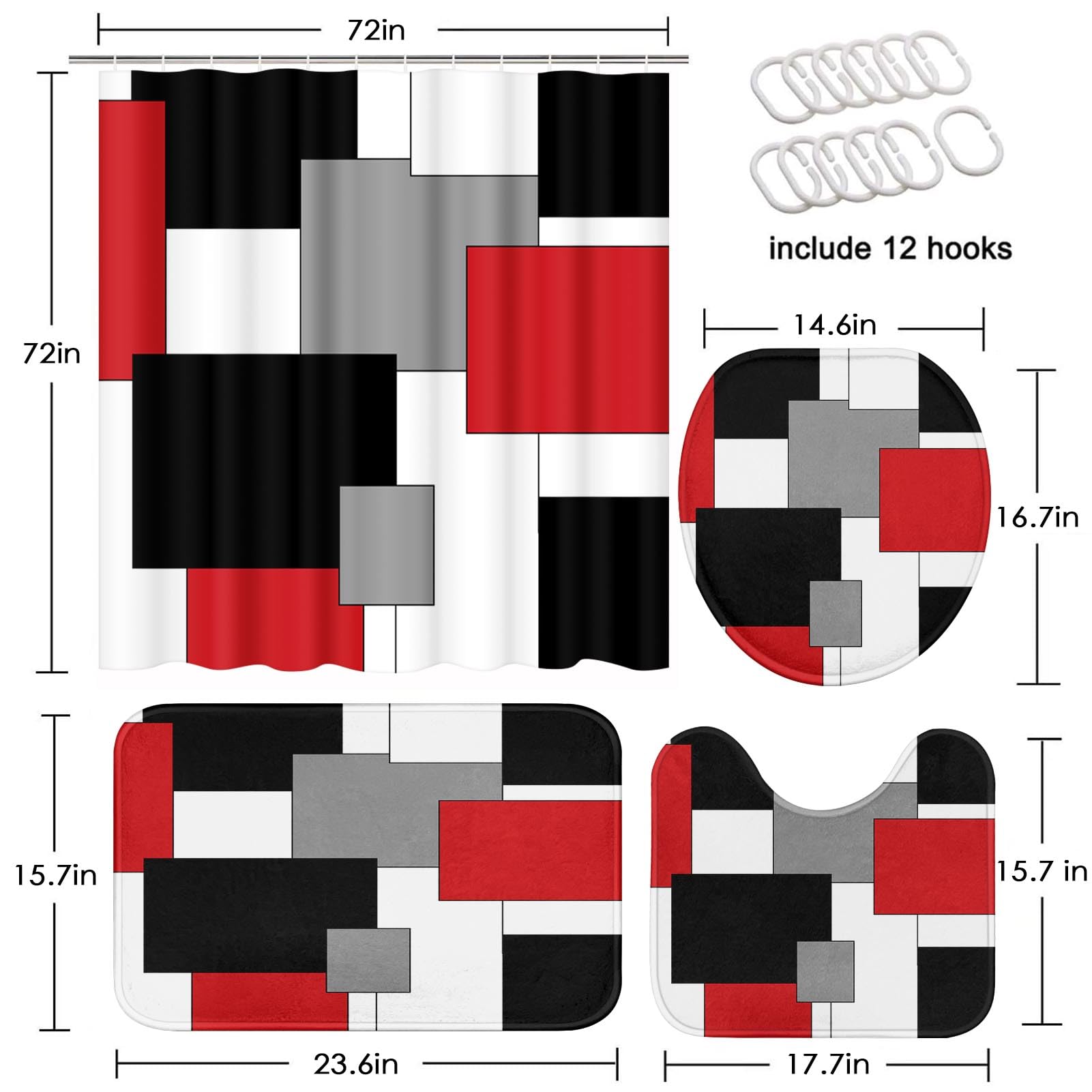 Tayney Red Geometric Shower Curtain Set with Toilet Lid Cover and Non-Slip Rugs for Bathroom  Black White Grey Checkered 4 Pcs Shower Curtain Set  Modern Abstract Bathroom Set with 12 Hooks