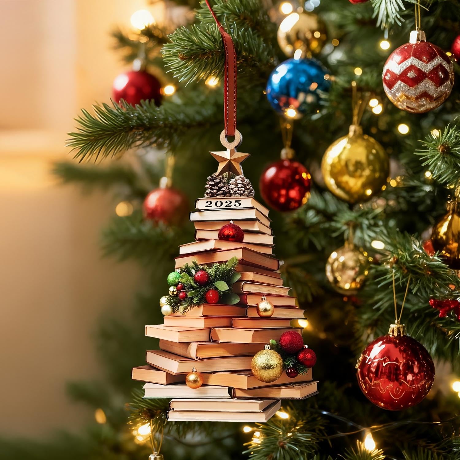 Book Ornament 2025, Book Lovers Gifts for Women Men, Bookish Gifts for Librarian Reader, Wooden Christmas Ornaments for Tree Dec