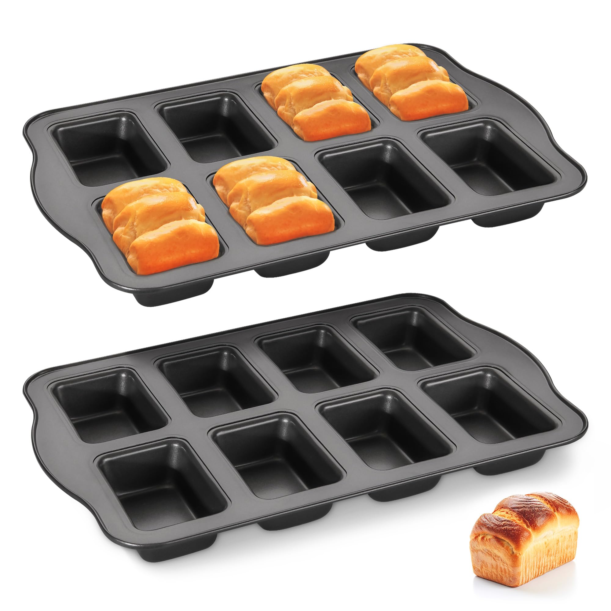 HONGBAKE 2 Pack Mini Loaf Baking Pans 8-Cavity, Nonstick Small Cornbread Pan, Tiny Banana Bread Pan Set, Heavy Duty Brownie Pan,