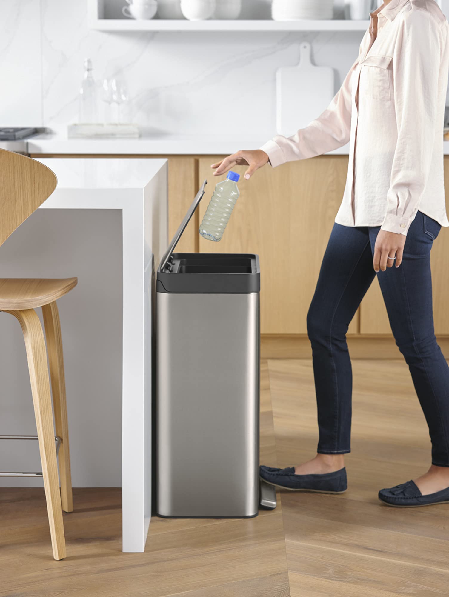 Kohler 20956-St 11 Gallon Hands-Free Dual Compartment Recycling Kitchen Step, Trash Can With Foot Pedal, Quiet-Close Lid, Stainl