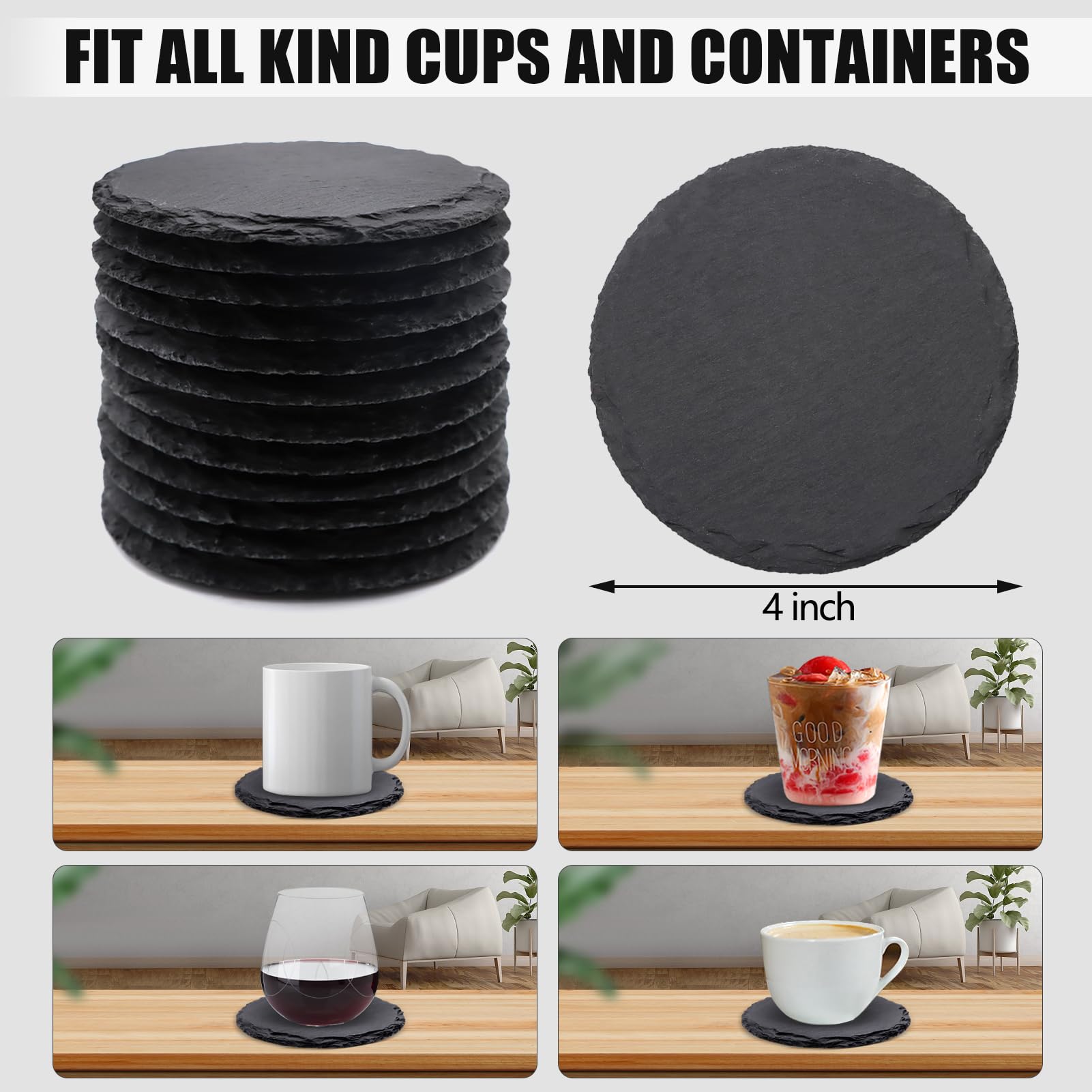 24 Pack Round Slate Drink Coasters, Vibratite 4 Inch Black Slate Stone Coasters Bulk Cup Coasters With Anti-Scratch Bottom For D