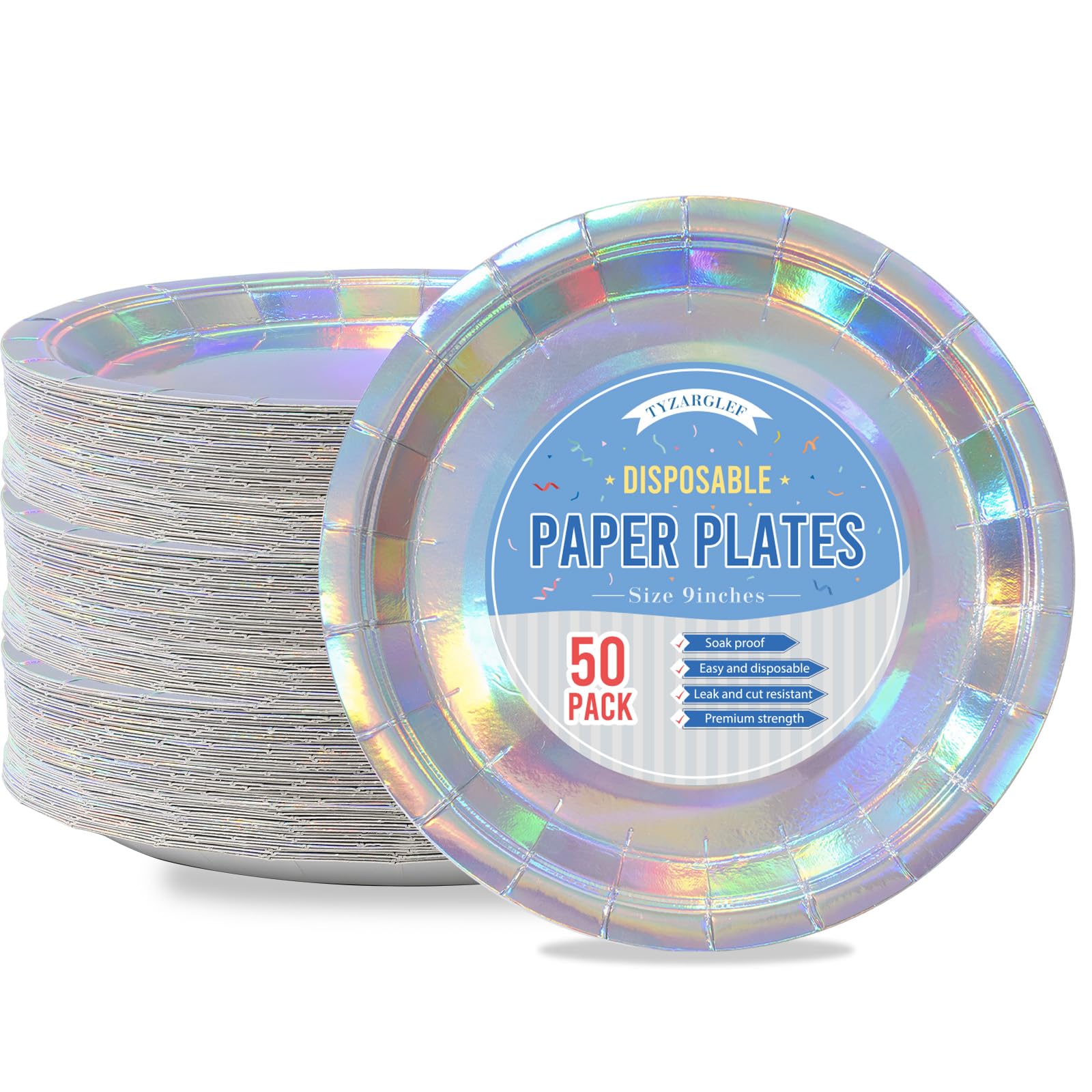 Tyzarglef Disposable Paper Plates Iridescent, 50 Count 9    Dinner Plates Bulk For Party Supplies, Colored And Sturdy Party Plat