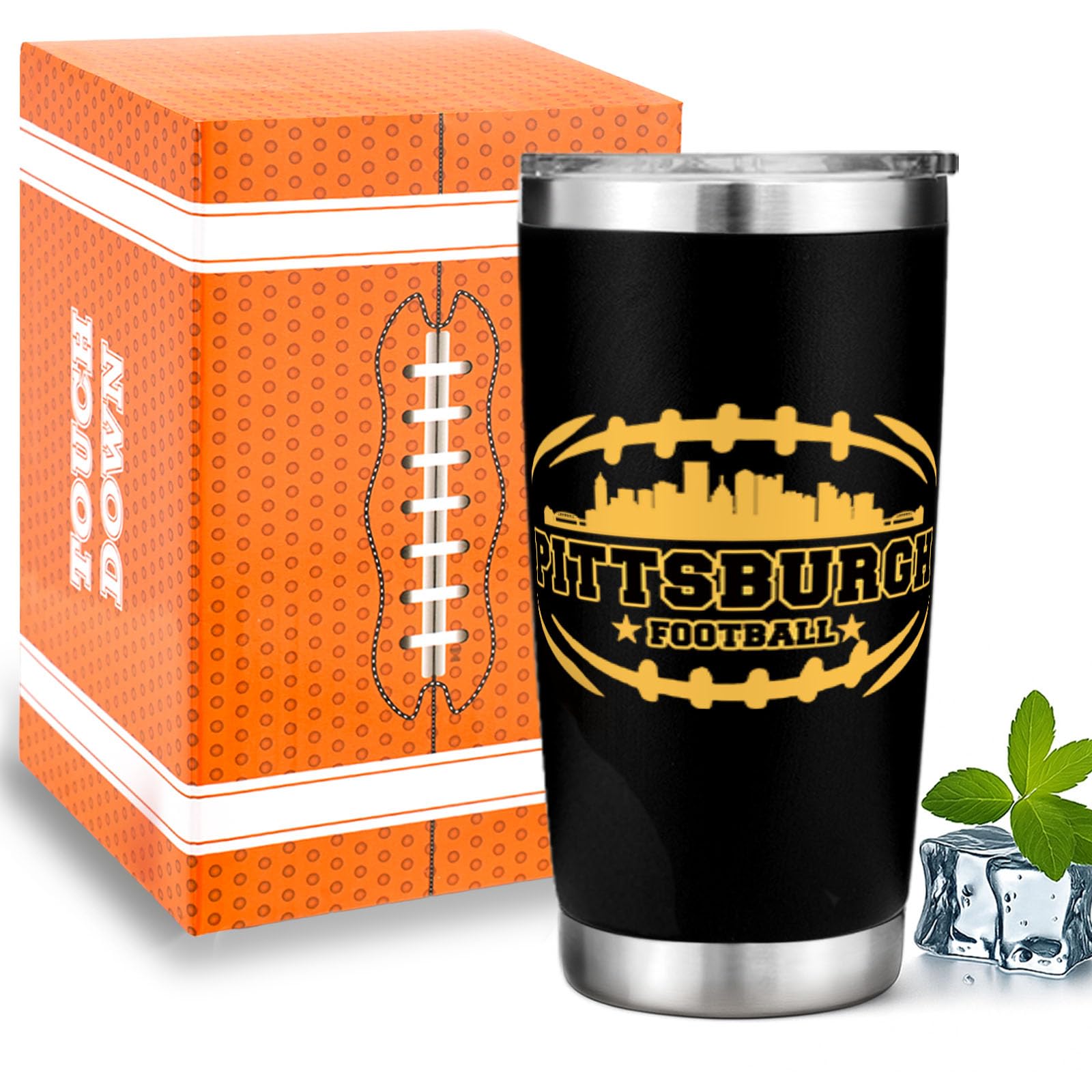 Football Fan 20 Oz Insulated Travel Coffee Cup Mug Tumbler with Lid Pittsburgh Themed Merch Shop Men Women Sport Stuff Gear Stee