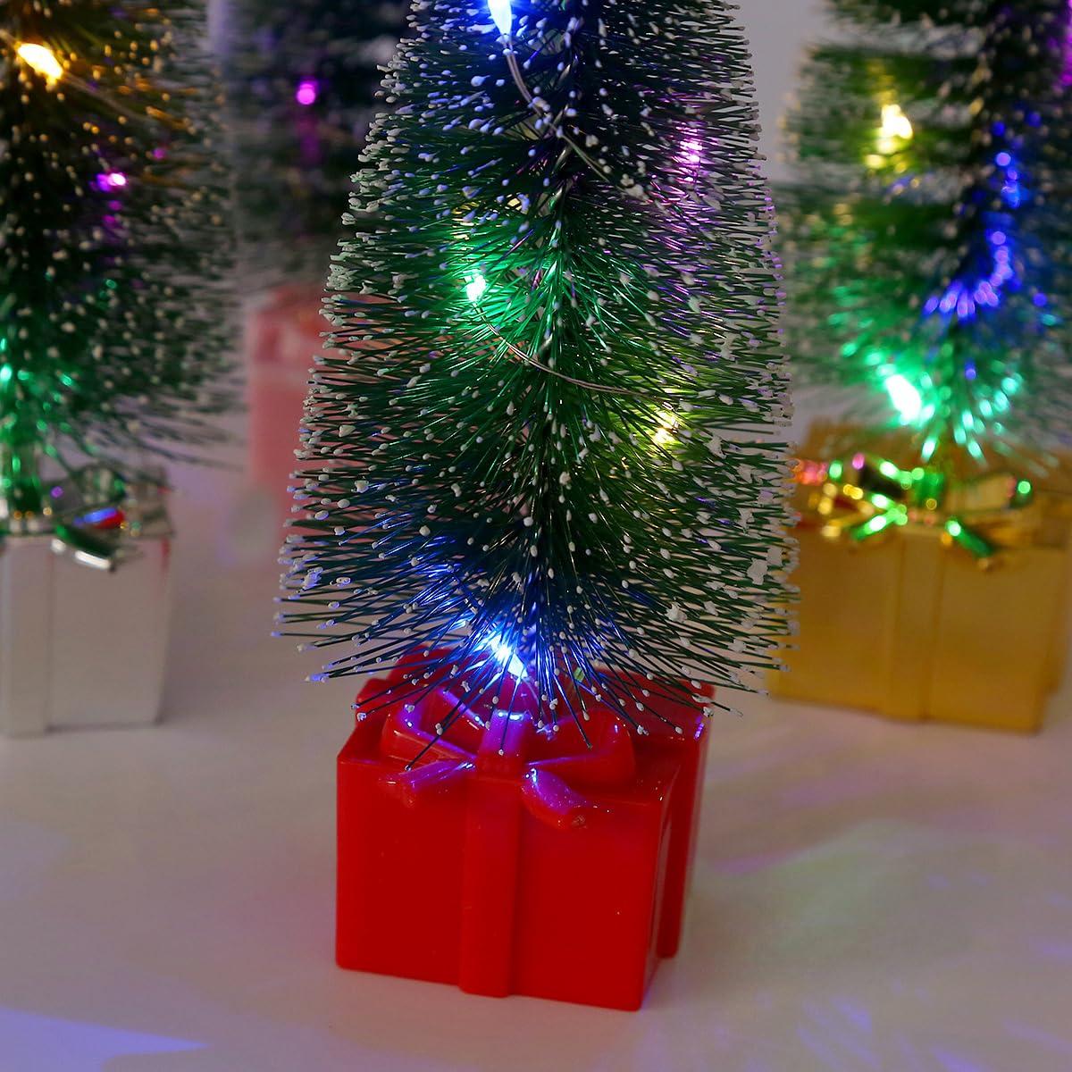Christmas Decorations-Red Gift Base Mini Artificial Christmas Tree with Colorful LED String Lights and Star, Tabletop Small Xmas