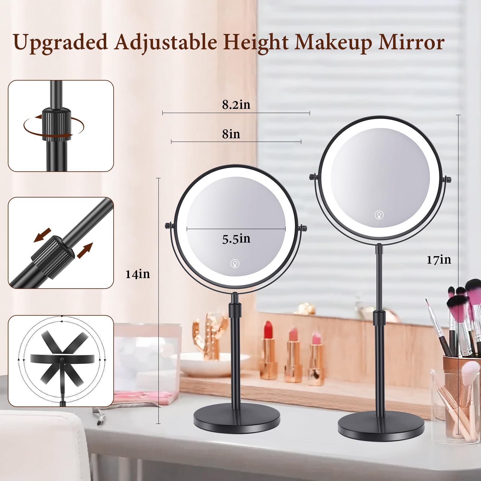 Rndecuck 8'' Lighted Makeup Mirror With Magnification 10X And 3 Color Light 2500Mah Rechargeable Height Adjustable 360 Rotation