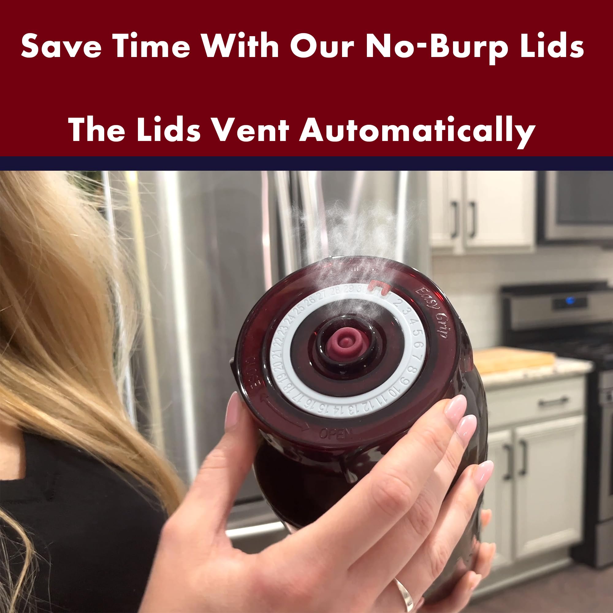 Brillenti Fermenting Lids Kit for Wide Mouth Mason Jars - 4 Waterless Airlock Lids + Pump, Easy Grip, Red, Model 8541956749