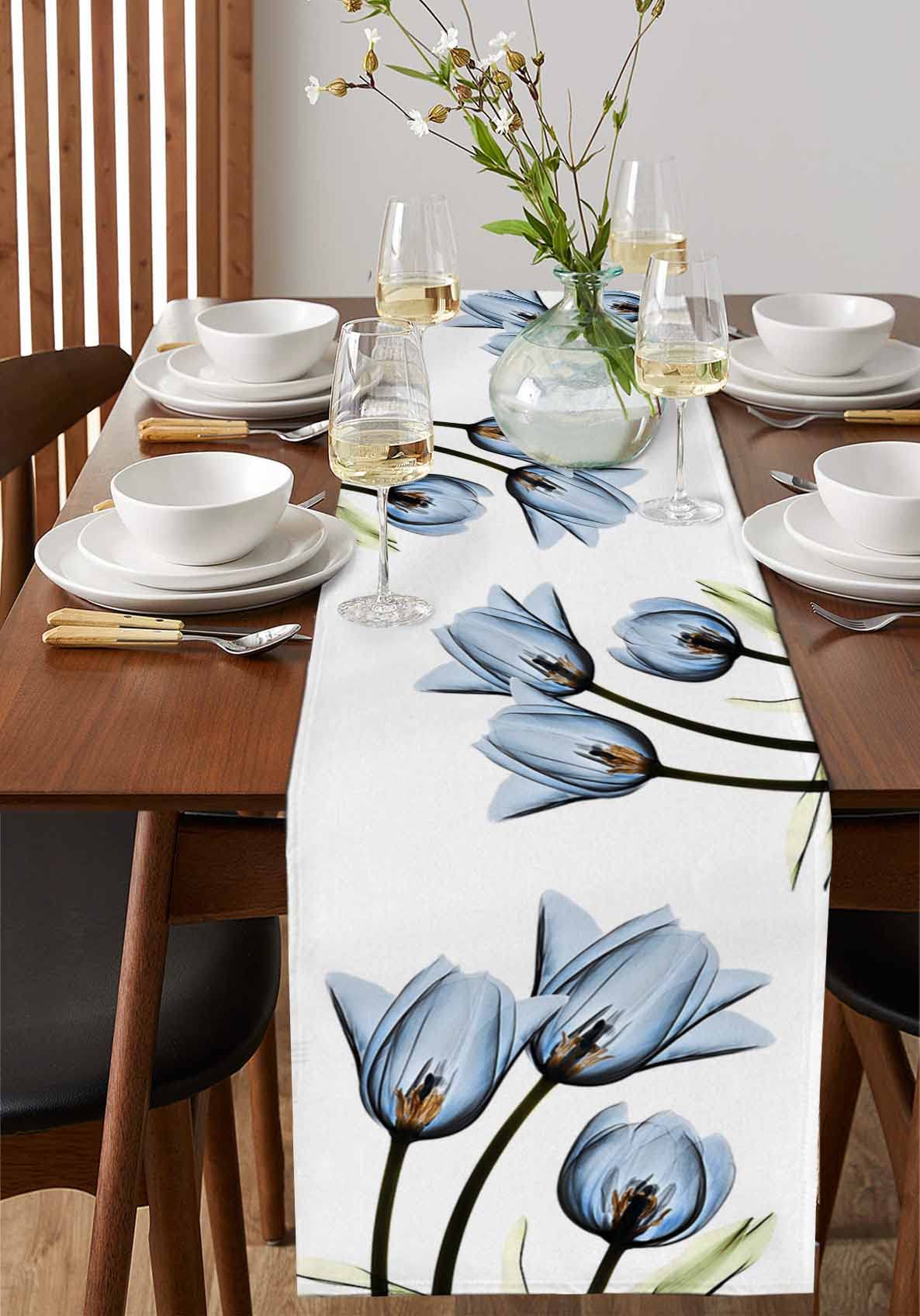 Floral Table Runner-Blue Tulip Cotton Linen-Long 120 Inche Dresser Scarves,Flower Rustic Tablerunner For Kitchen Coffee/Dining T