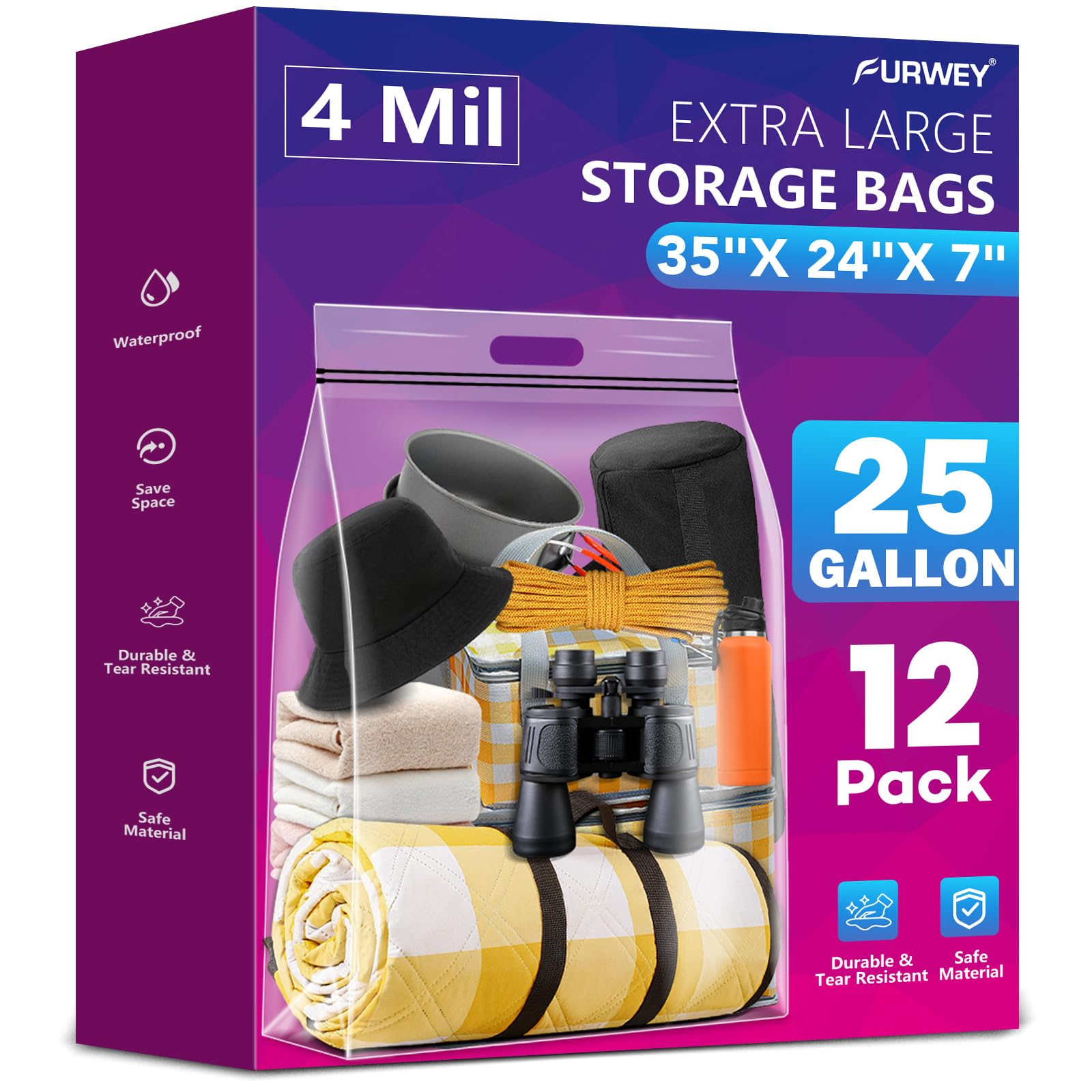 FURWEY 25 Gallon Extra Large Storage Bags 35   x 24   Resealable Clear Bags with Handle 4 Mil Thick Heavy Duty Big Bag for Cloth