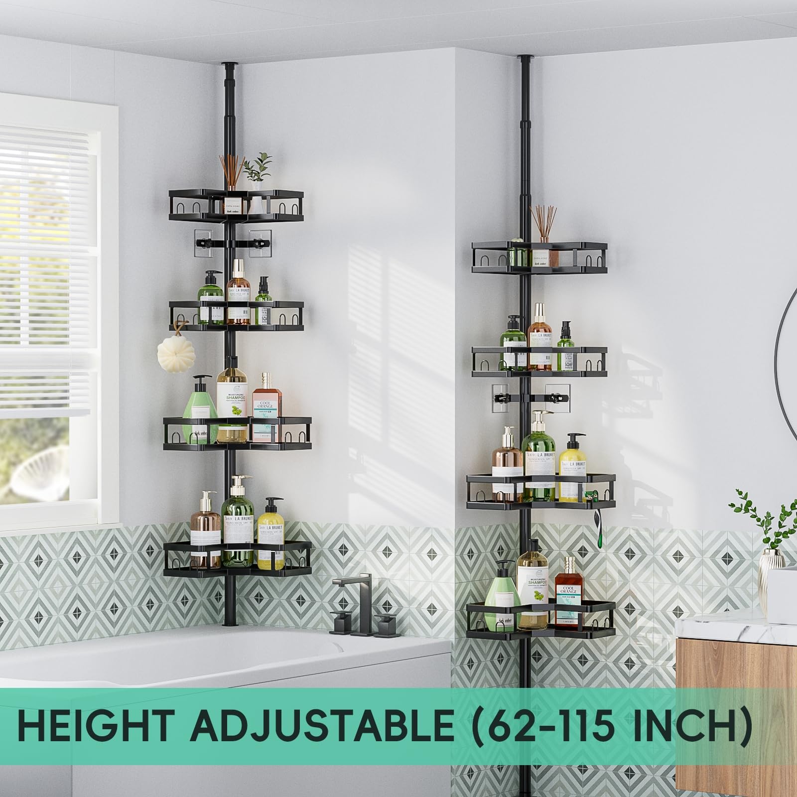 HEVEL Corner Shower Caddy Tension Pole, Adjustable 62-115 Inch, Rustproof Stainless Steel, Black, Model WY-LY43-BL-1