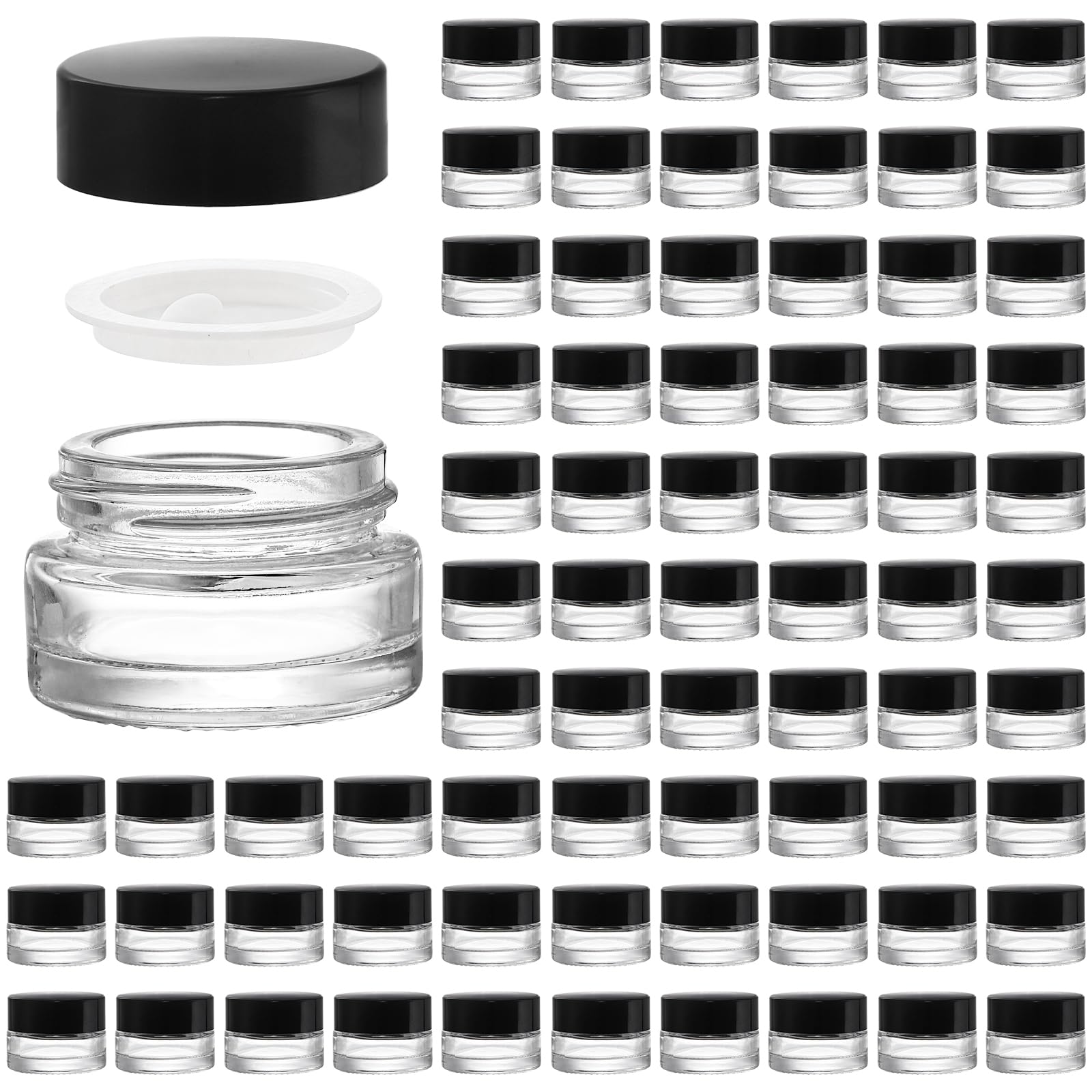 Coloch 90 Pack 5Ml Empty Glass Jars With Black Lid, Clear Airtight Cosmetics Container Bulk Refillable Tiny Sample Jar For Cosme