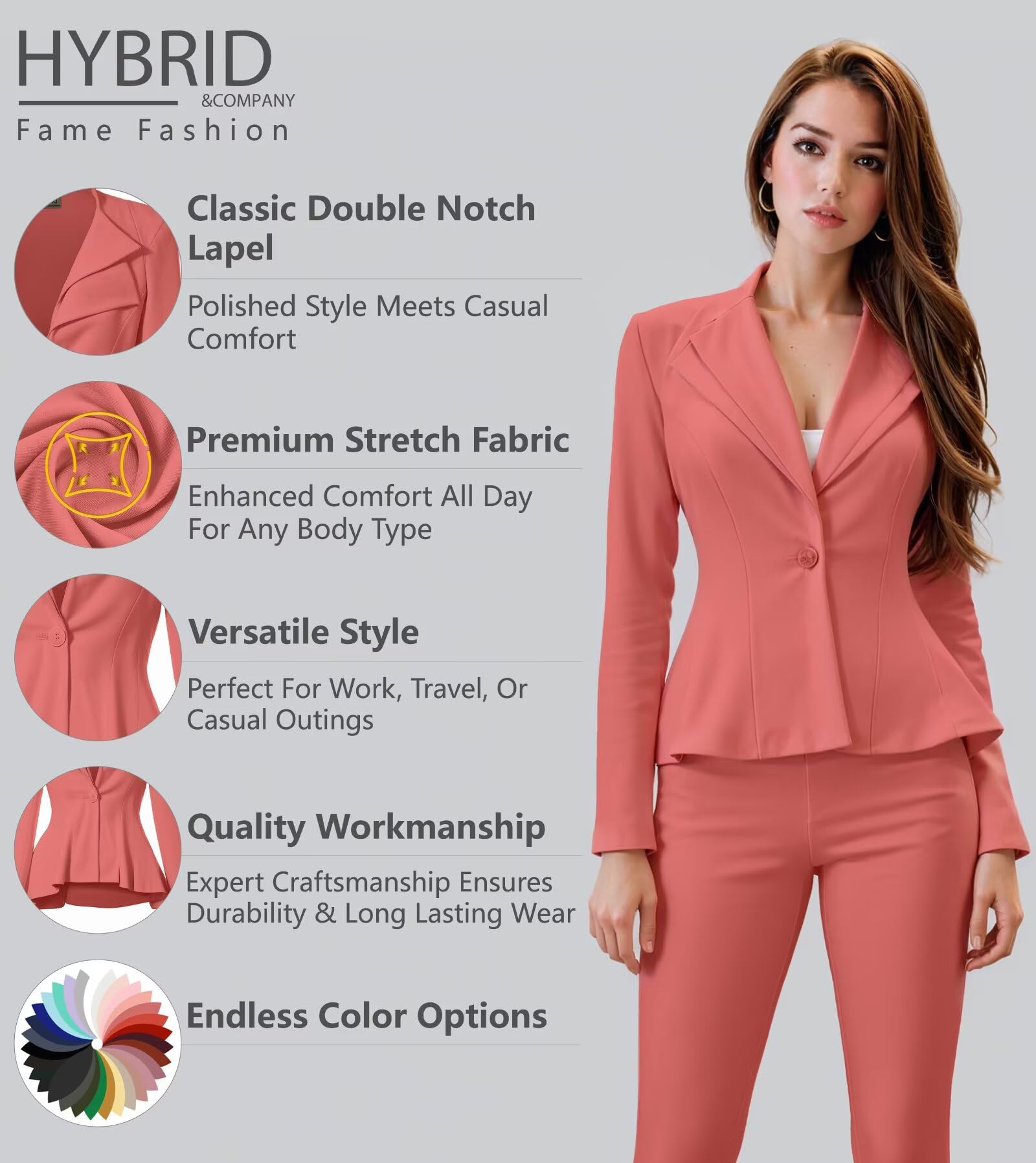 Women Double Notch Lapel Office Blazer Jk43864 1073T Coral 2X