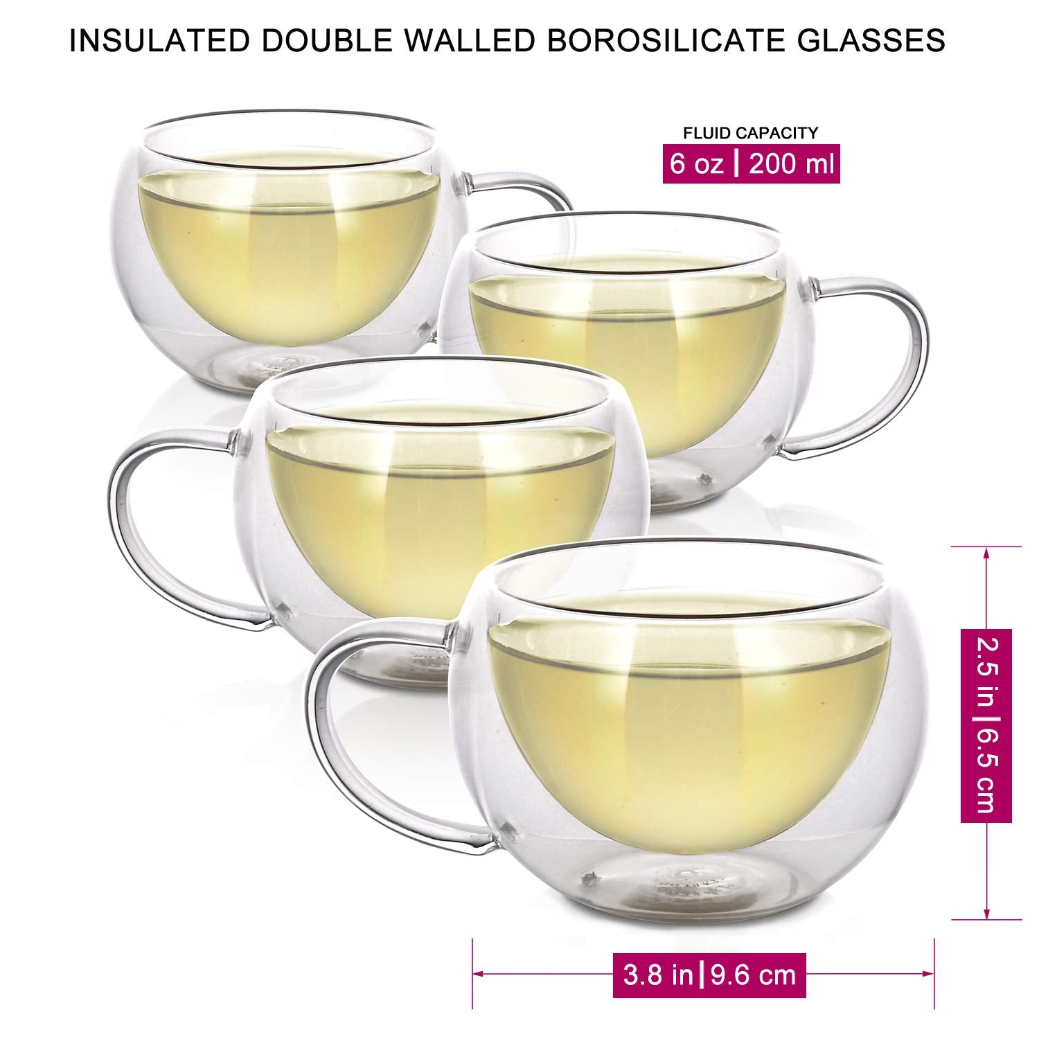 Teabloom Modern Classic Insulated Cups - 6 Oz / 200 Ml - Set Of 4 Double Walled Glass Cups For Tea Or Espresso