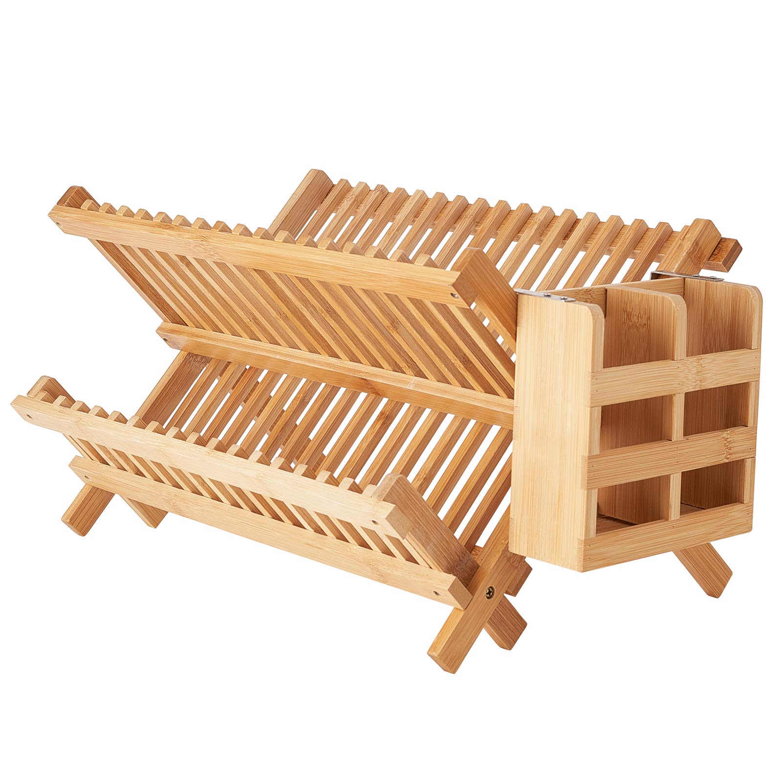 Worthyeah Bamboo Dish Drying Rack, 2 Tier Collapsible Dish Rack With Utensil Holder, Wooden Dish Drying Rack For Kitchen Counter