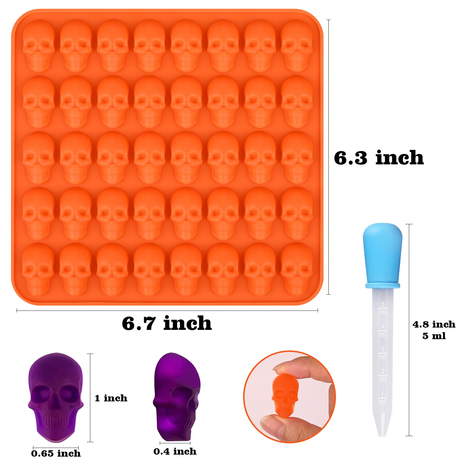 Sakolla 2 Pack Gummy Skull Candy Silicone Molds 40 Cavity Silicone Skull Molds With 2 Droppers For Halloween Chocolate, Candy,Je