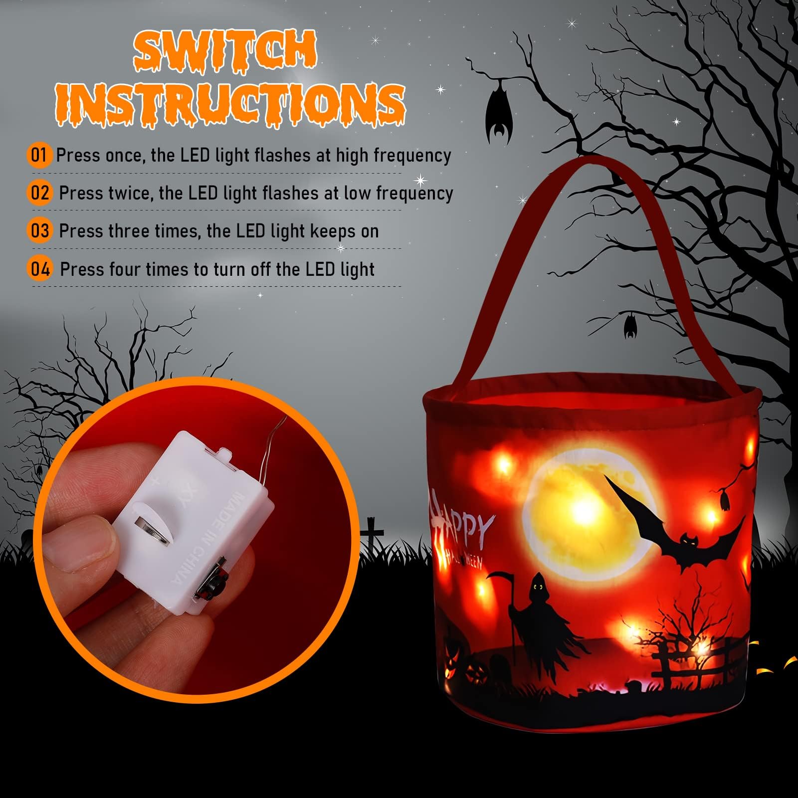 Halloween Trick or Treat Candy Bags LED Light Up Pumpkin Bucket, Collapsible Reusable Candy Basket, Fabric Gift Goody Bags for K