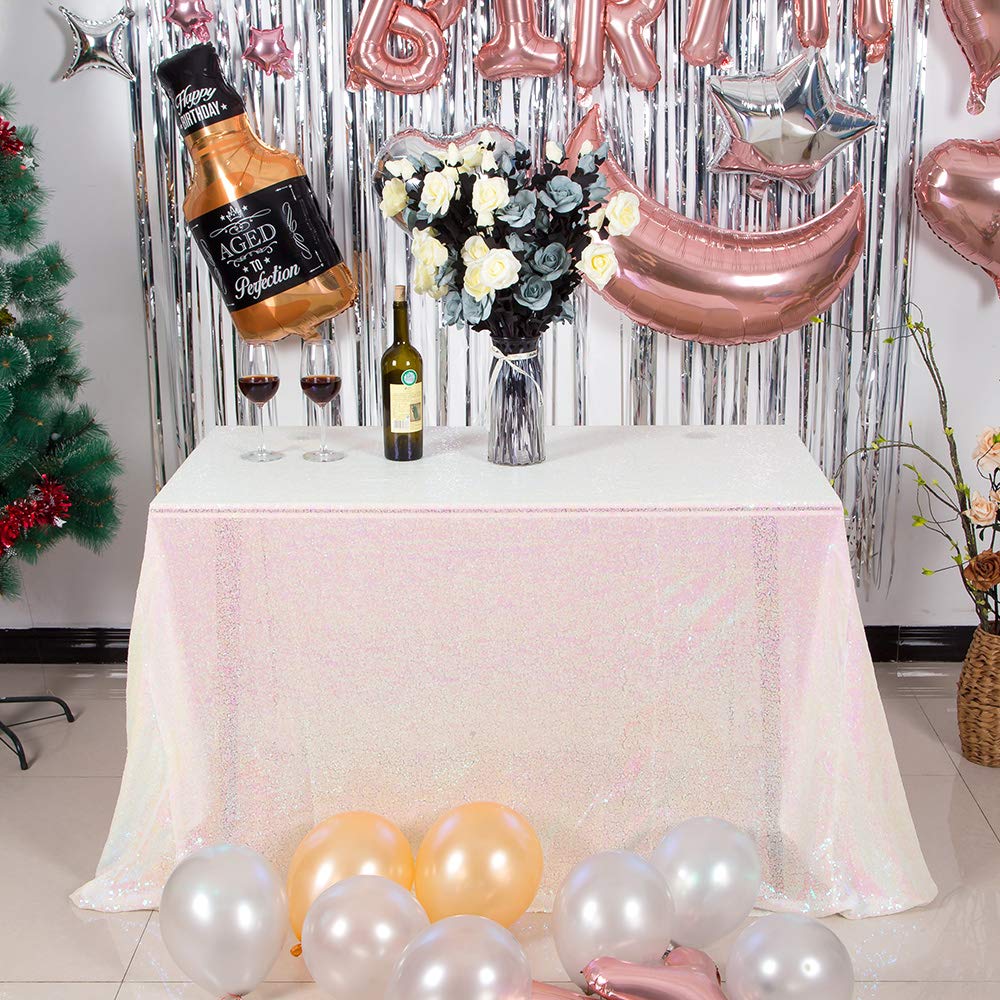 Jyflzq White Iridescent Sequin Tablecloth 90 X 132 Rectangular Sparkly Drape Table Cloths Table Cover Overlay For Wedding Birthd