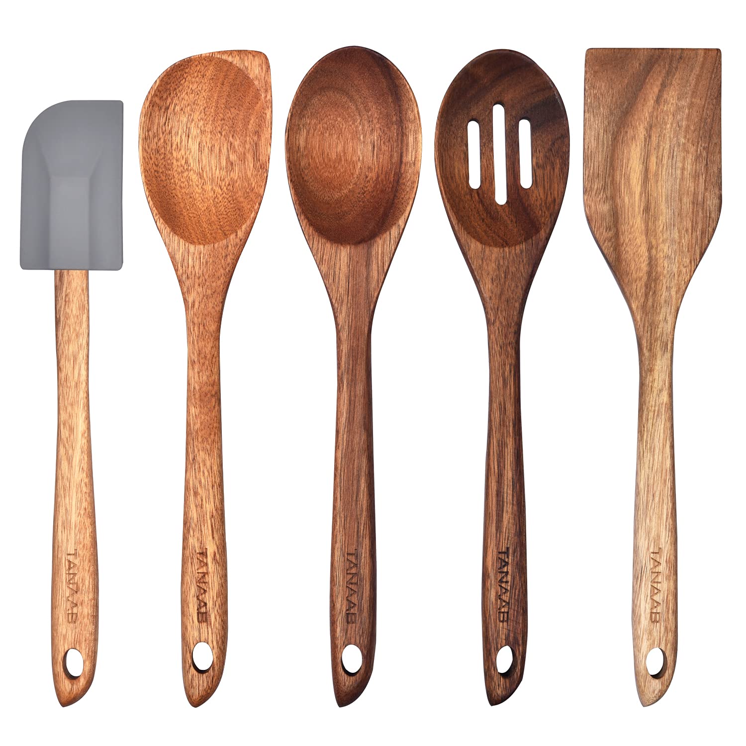 Tanaab Wooden Spoons Kitchen Utensils Set For Cooking Baking, Natural Wood Slotted Spoon Solid Corner Spoon Turner Silicone Spat