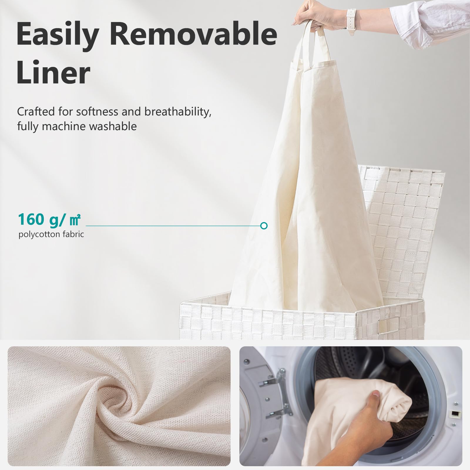 Fiona's magic Laundry Hamper Basket with Lid  Handwoven 90L Large Clothes Hamper with Removable Liner Bags  Collapsible White Tall Hamper for Bathroom  Bedroom and Dorm Room Organizer
