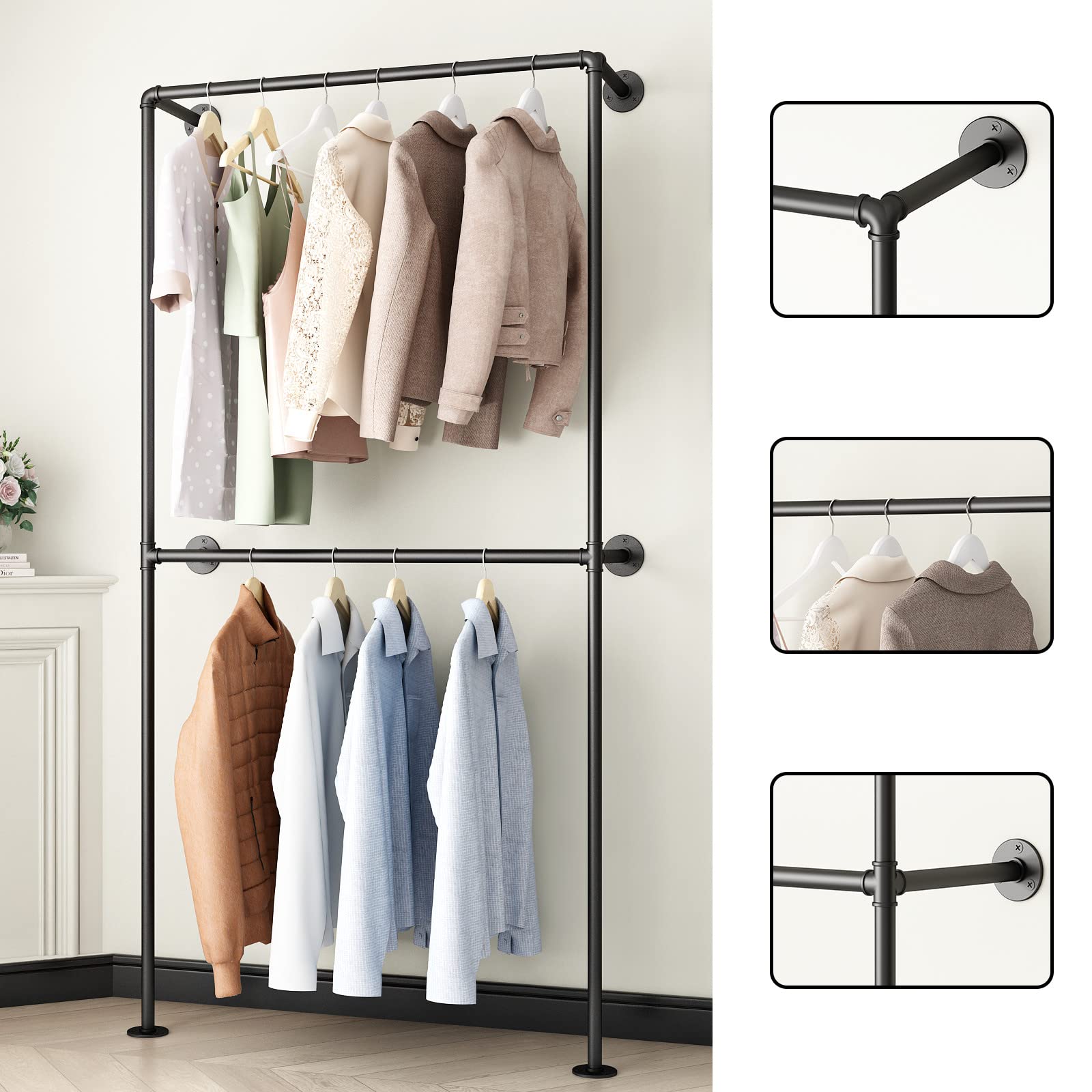 Ironjiazu Industrial Pipe Clothing Rack Wall Mounted Garment Rack,Black Clothes Rack Retail Display Hanging Rod For Closet Stora