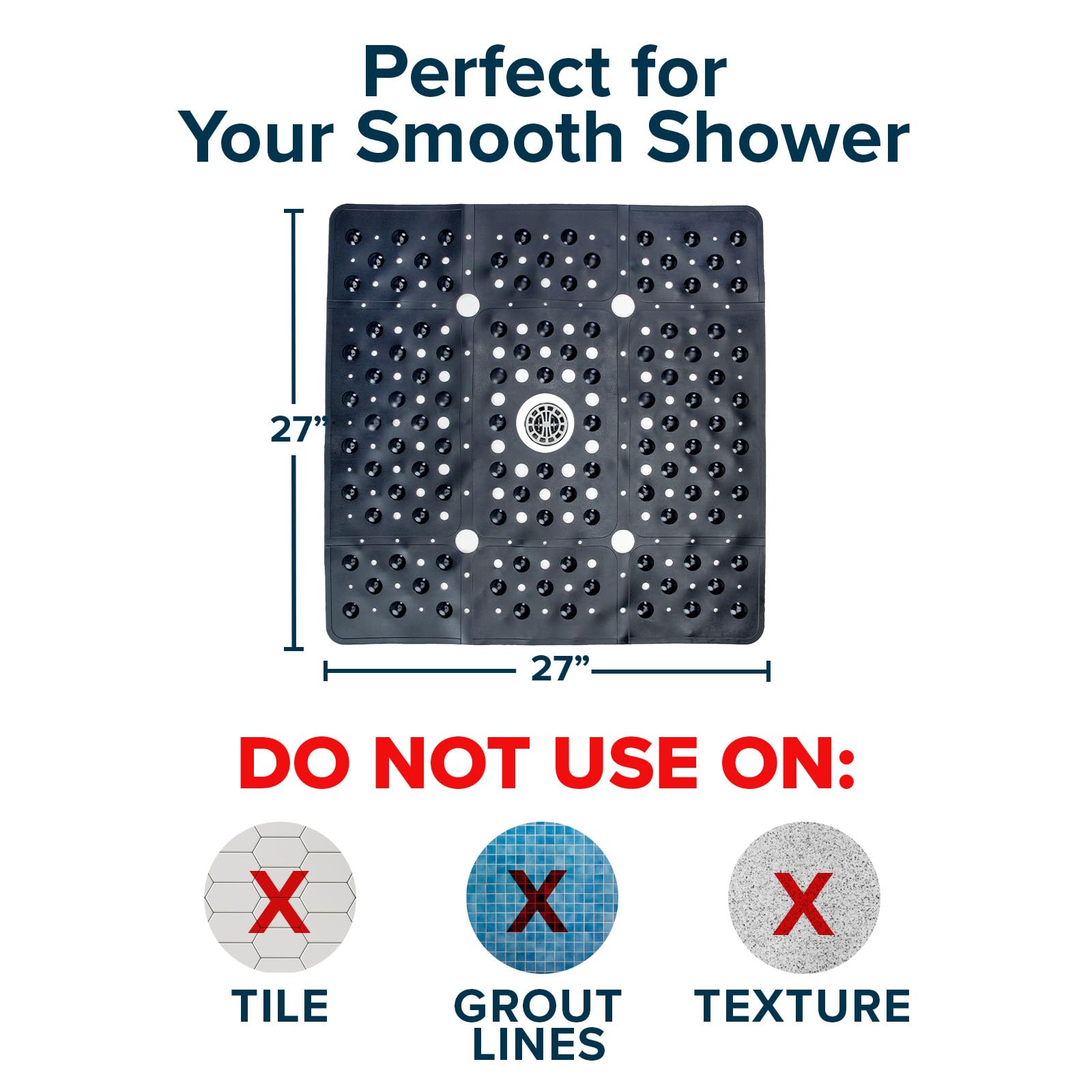 Slipx Solutions Accu-Fit 27 X 27 Inch Square Shower Mat  Extra Large Non-Slip Stall Mat For Elderly & Kids Bathroom  Drain Holes