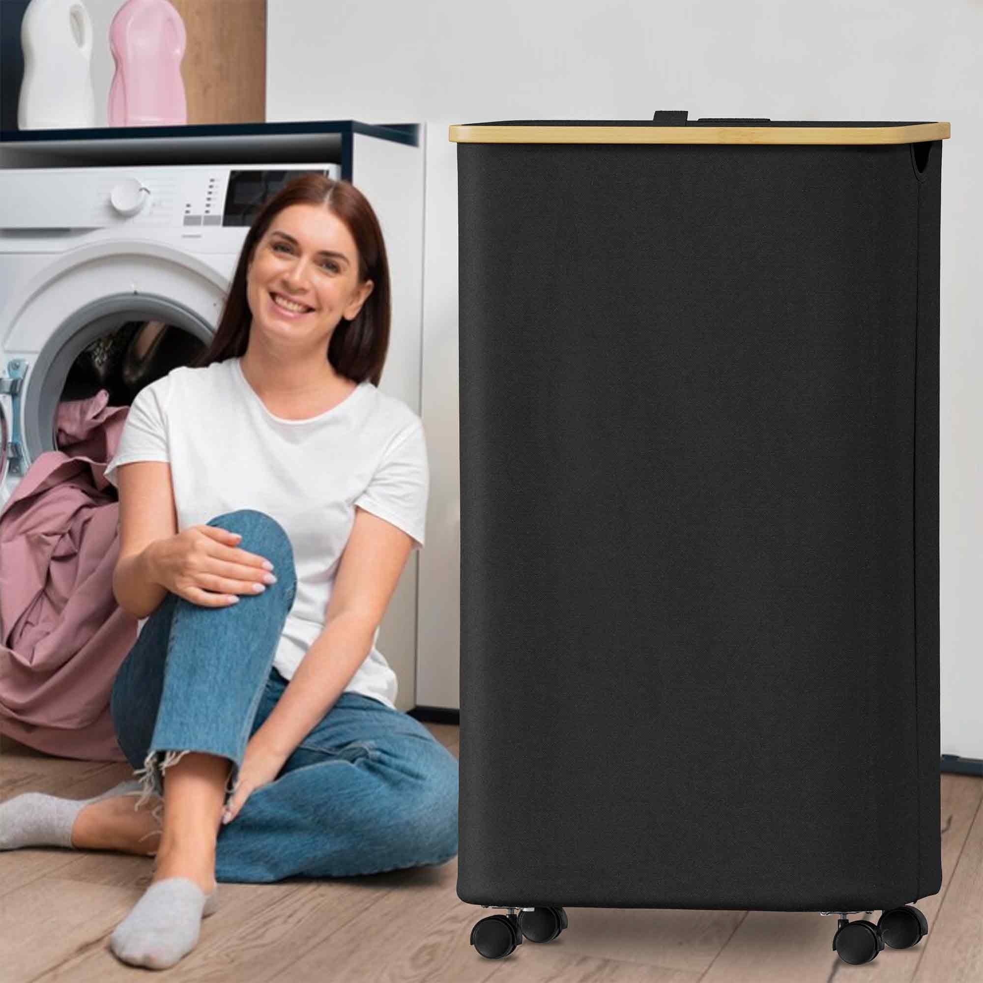 Suoco Laundry Hamper On Wheels 100L, Clothes Basket With Lid And Bamboo Handles, Foldable Laundry Hamper For Bedroom, Bathroom,