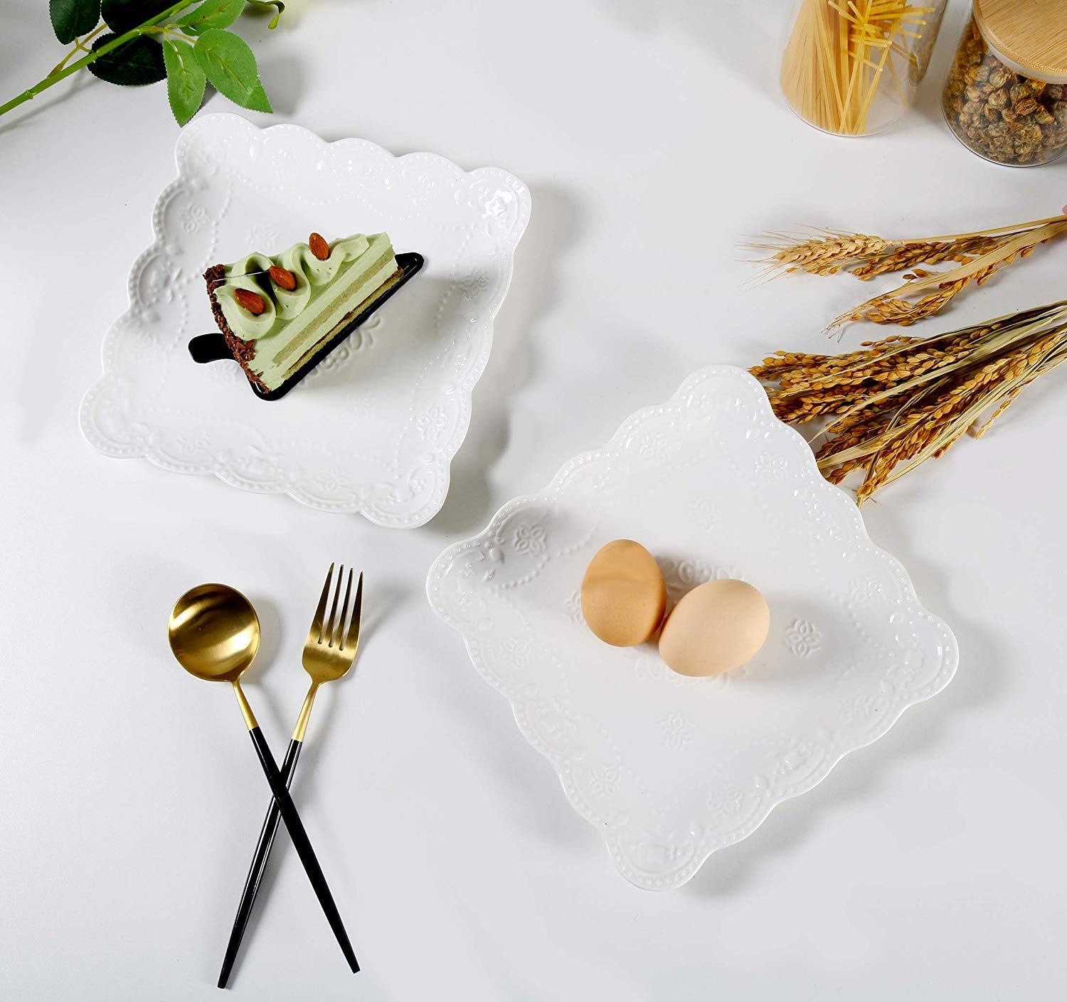 Eplze Ybk Tech Elegant Square Embossed Lace Plate Bone China Dessert Plate Ceramic Plate For Breakfast Afternoon Tea (White, 6-I