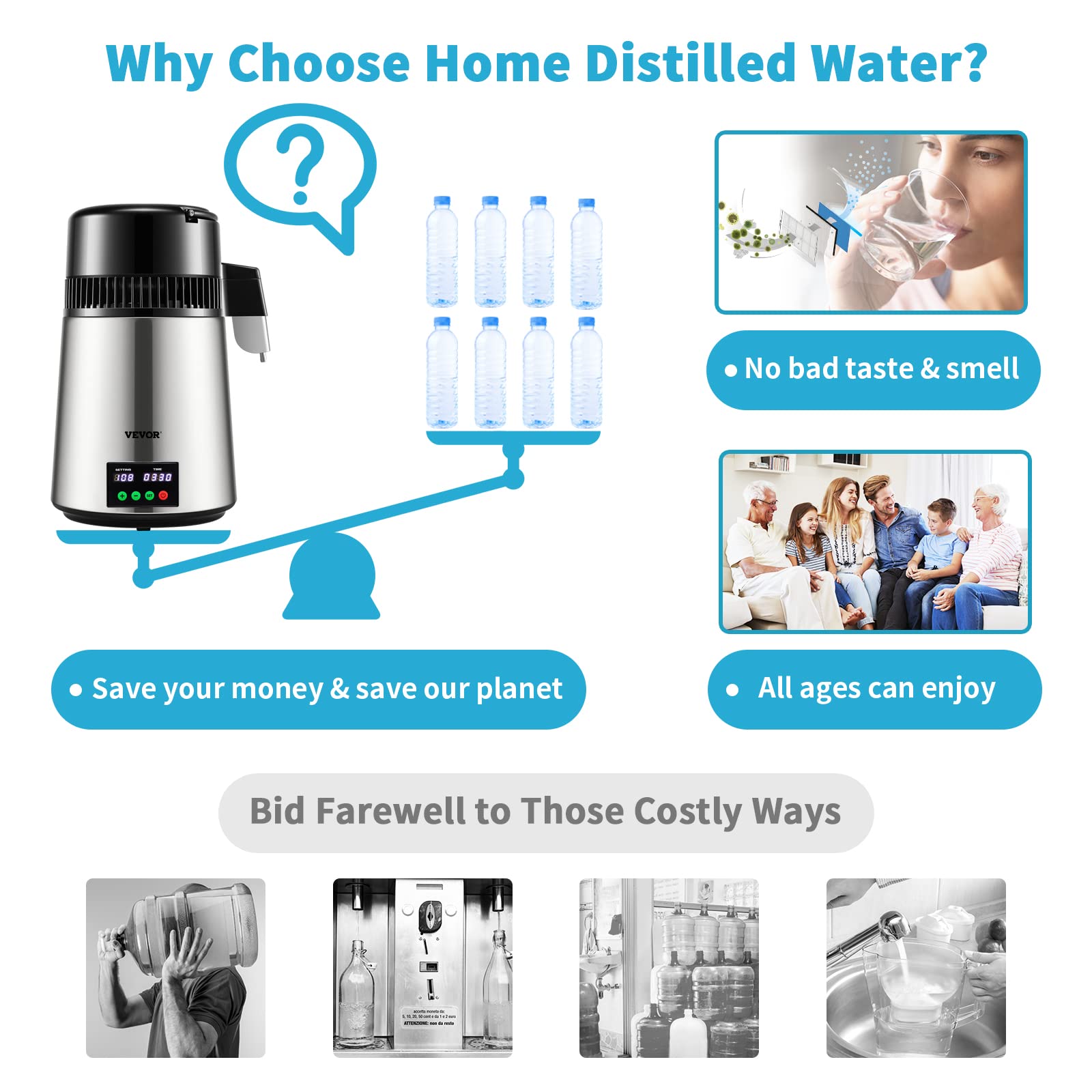 Vevor 1.1 Gal Water Distiller, 0.3 Gal/H, Distilled Water Maker Machine, 750W, 304 Stainless Steel Countertop Distiller, Glass C