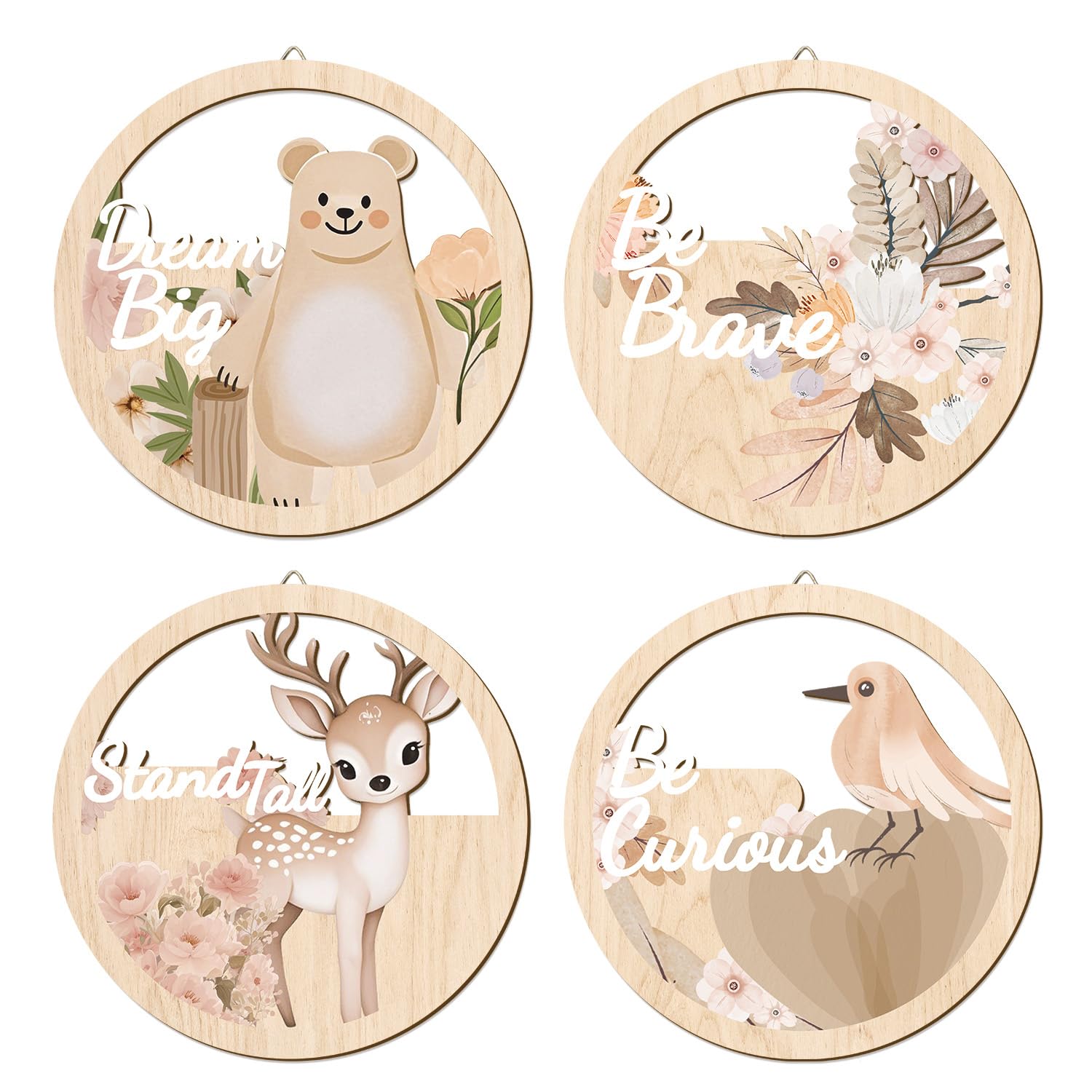 HPNIUB 4 Pieces Jungle Animals Wall Art Decors, Motivational Wall Art for Kids Playroom, Safari Baby Animals Room Wood Sign, For