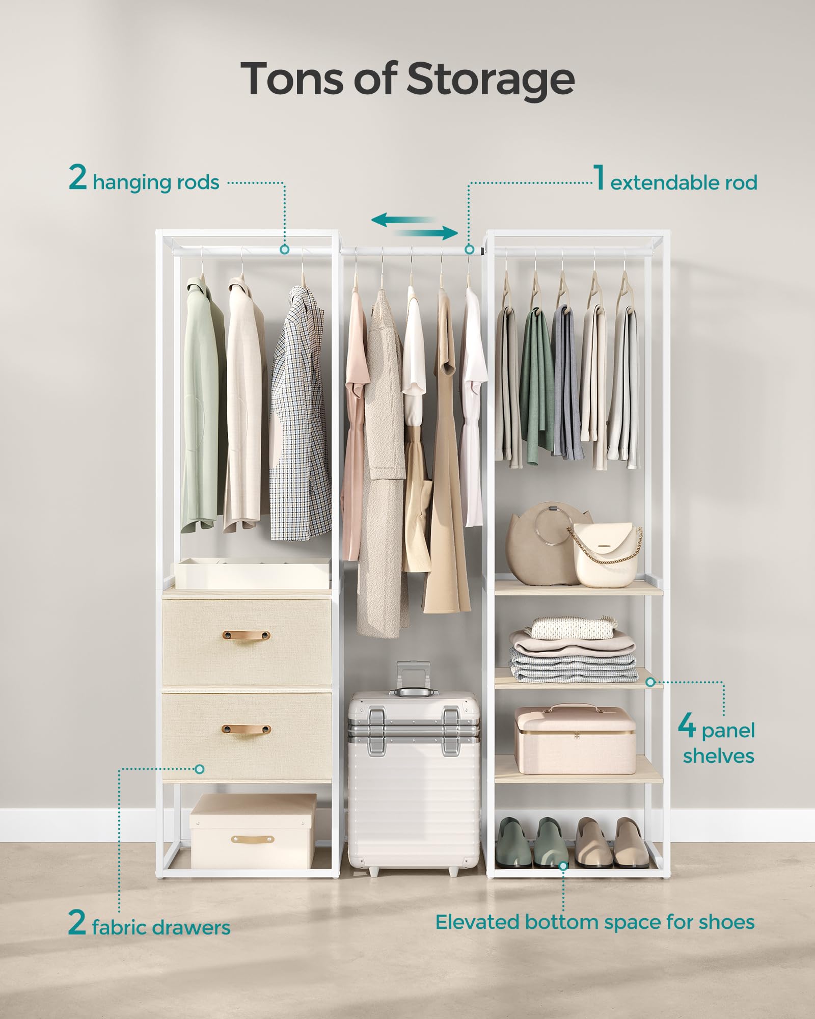 Songmics Clothes Rack, 70.9 Inch Wardrobe Freestanding Closet, Heavy Duty Garment Rack With 1 Extendable Hanging Rod, 2 Drawers