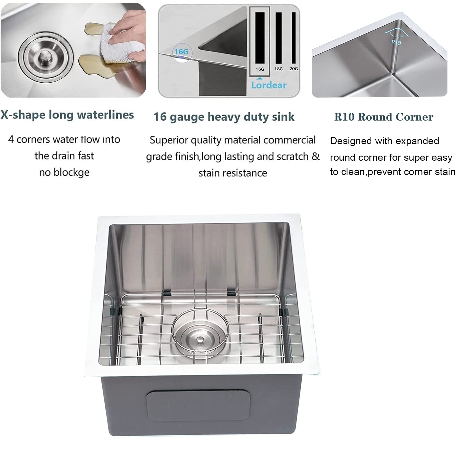 15 Bar Sink Undermount - Lordear 15X17 Inch Stainless Steel Undermount Sink Bar Prep Sink 16 Gauge R10 Round Corner Deep Single