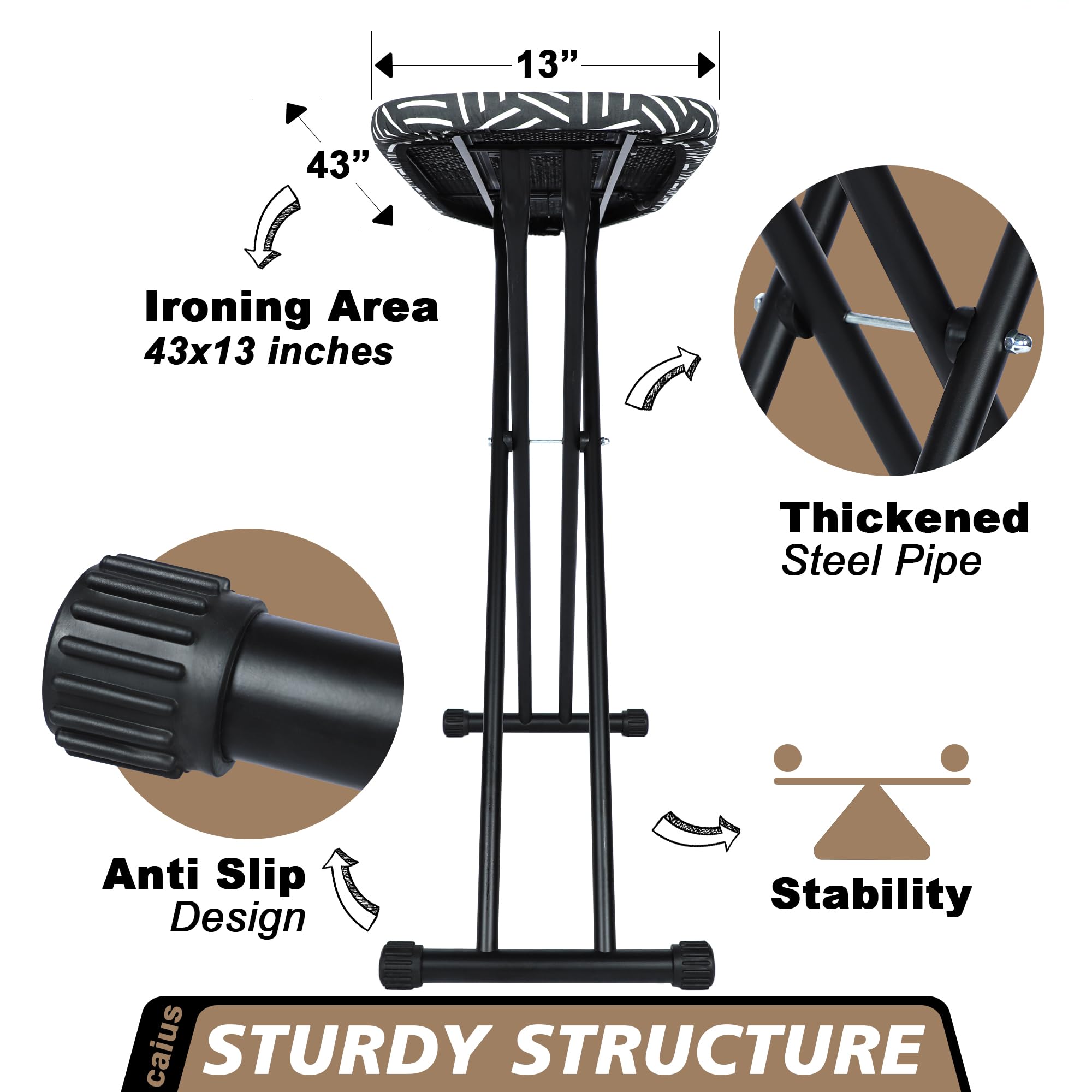 Caius Ironing Board, Compact And Space Saver Full Size Ironing Board, Extra Wide Ironing Area With Extra Thick Heavy Duty Padded