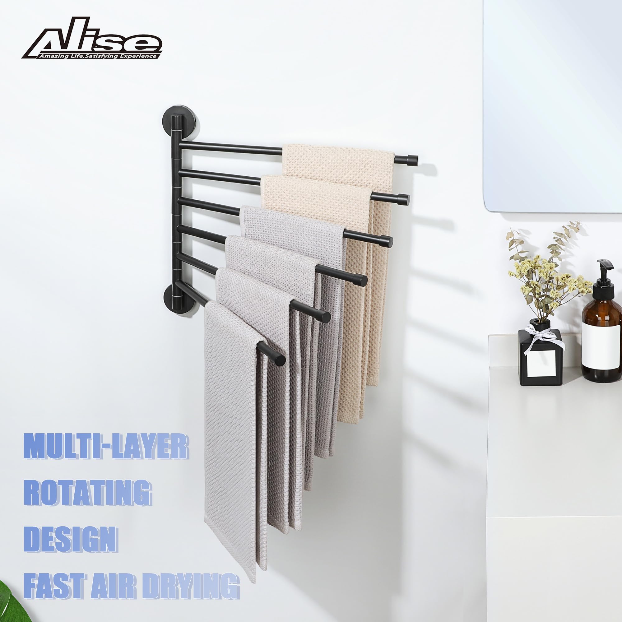 Alise Swivel Towel Rack Folding 6 Arms Hand Towel Bars Towel Hanger for Bathroom Wall Mount Drying Racks for Laundry SUS304 Stainless Steel Swing Out Towel Holder Storage Space Saving Matte Black