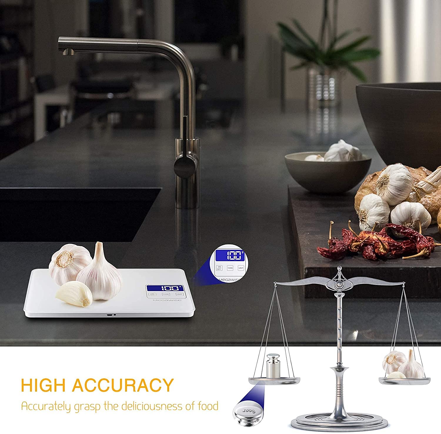Megawise Precision Food Scale, 33Lb Waterproof Rechargeable Digital Kitchen Scale, 1G/0.04Oz Precise Graduation, Weight Grams An