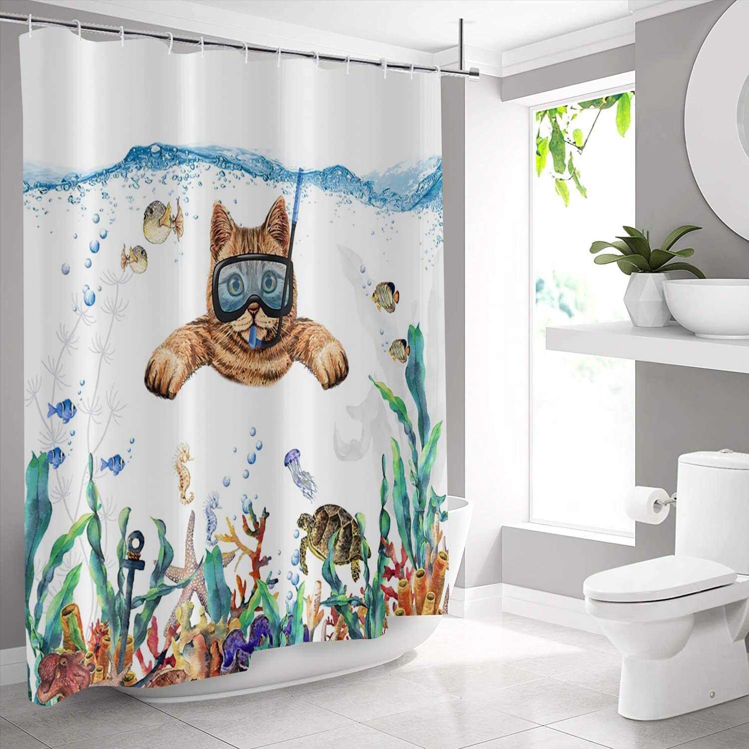 Funny Cat Shower Curtain, Cute Kitten Swimming In Teal Blue Ocean Sea Turtle Tropical Fish Jellyfish Starfish Coral Bathroom Cur