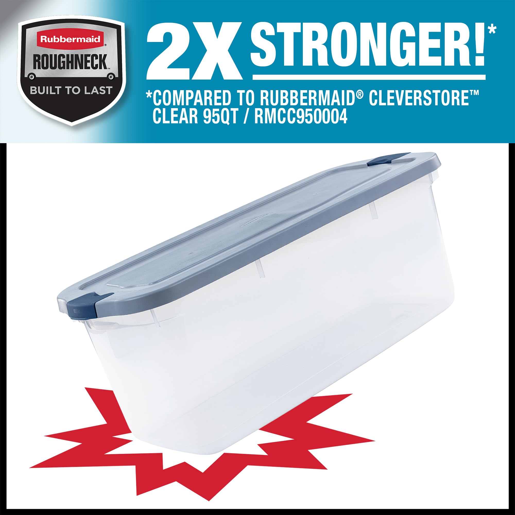Rubbermaid Roughneck Clear 95 Qt/23.75 Gal Storage Containers, Pack Of 4 With Latching Grey Lids, Visible Base, Sturdy And Stack